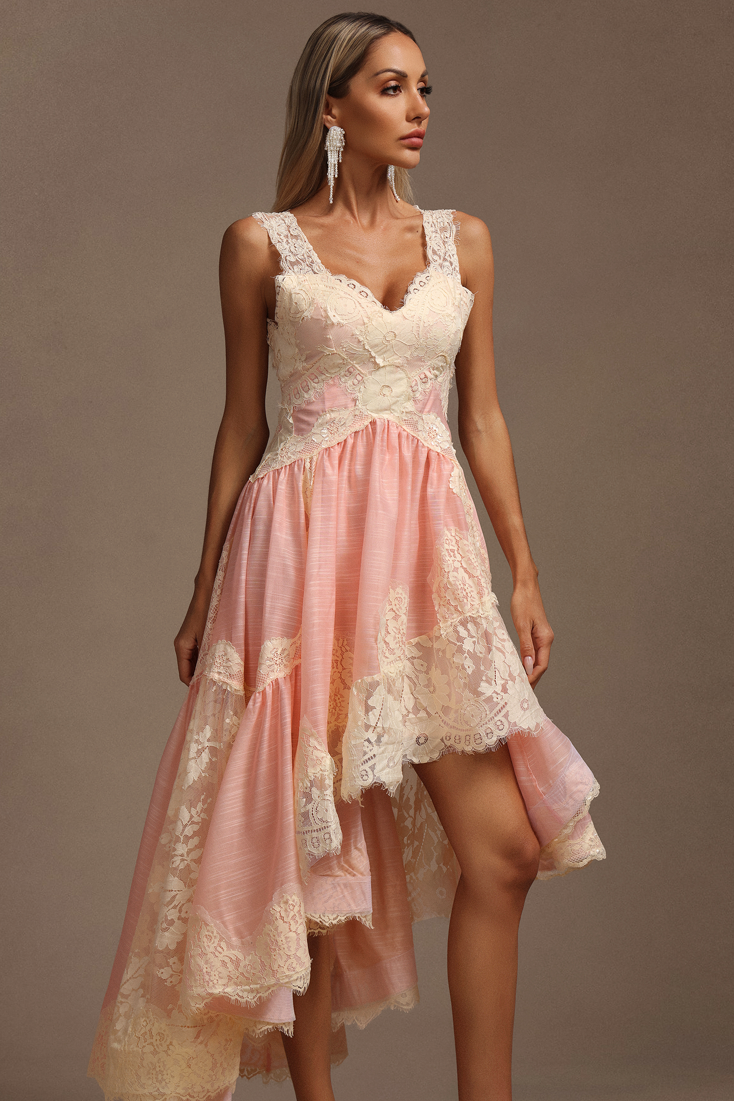 Kerin V-Neck Halter Asymmetric Lace Midi Dress