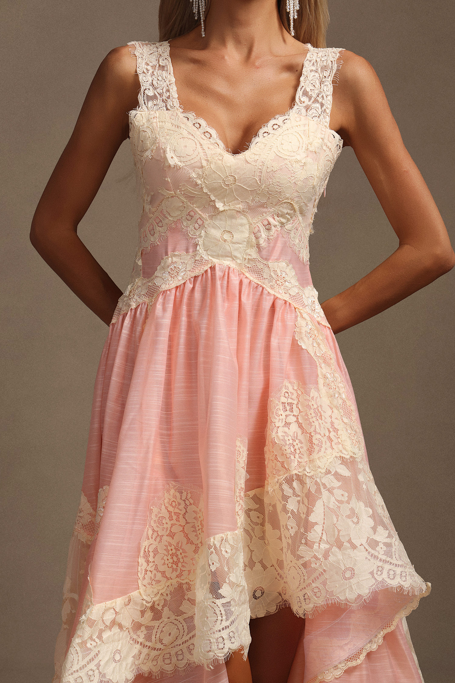 Kerin V-Neck Halter Asymmetric Lace Midi Dress