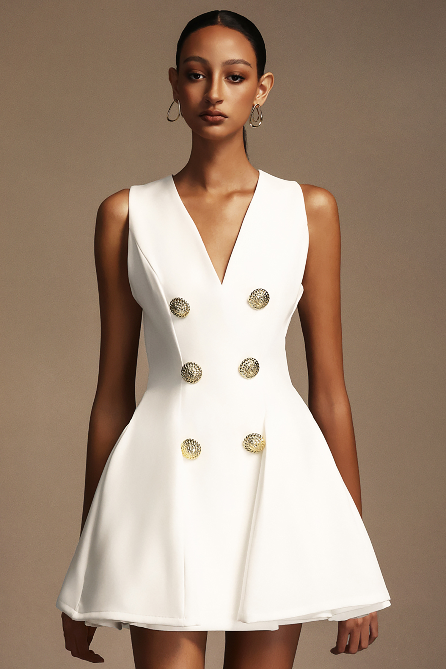 Riala V-Neck Sleeveless Gold Button Mini Dress