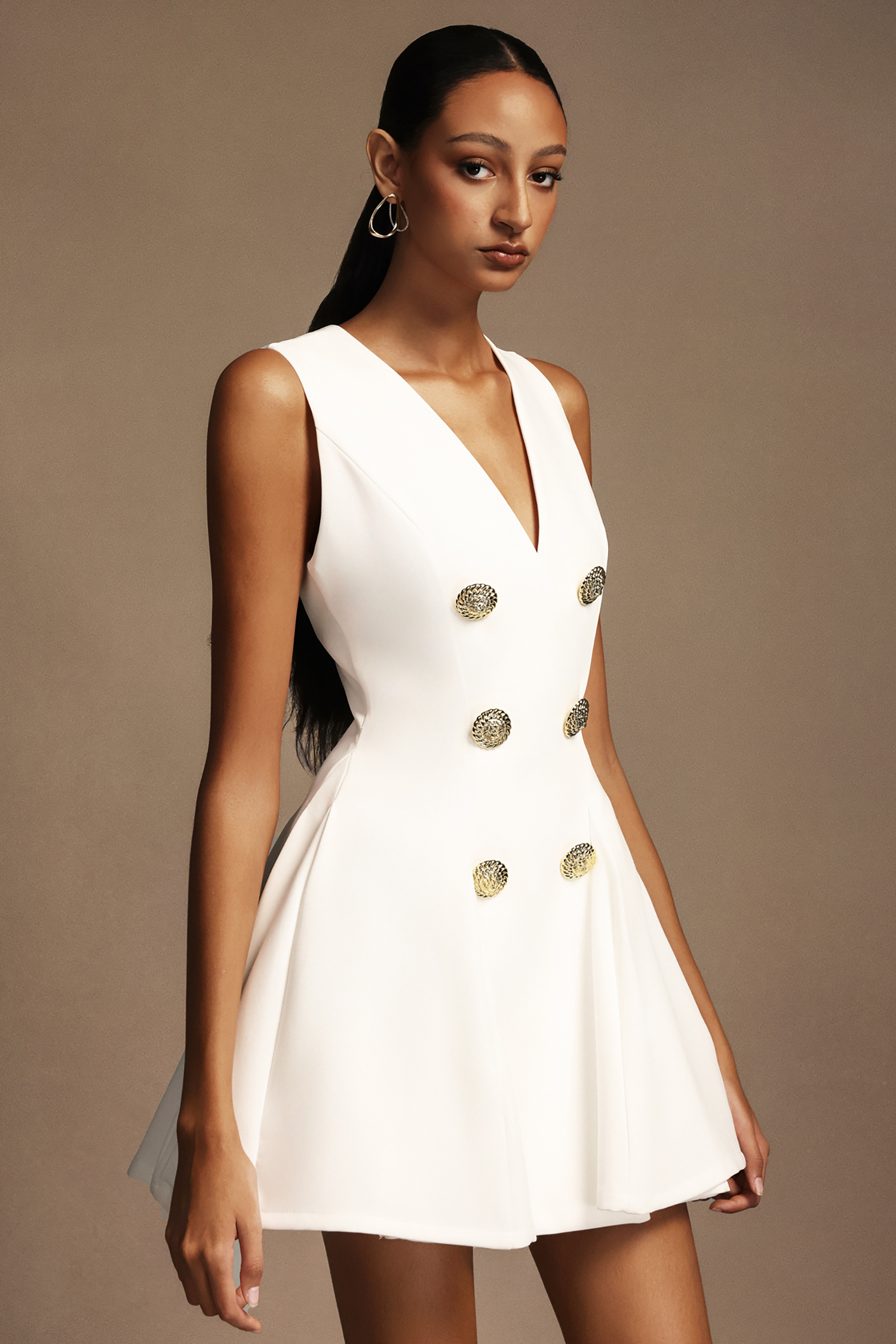 Riala V-Neck Sleeveless Gold Button Mini Dress