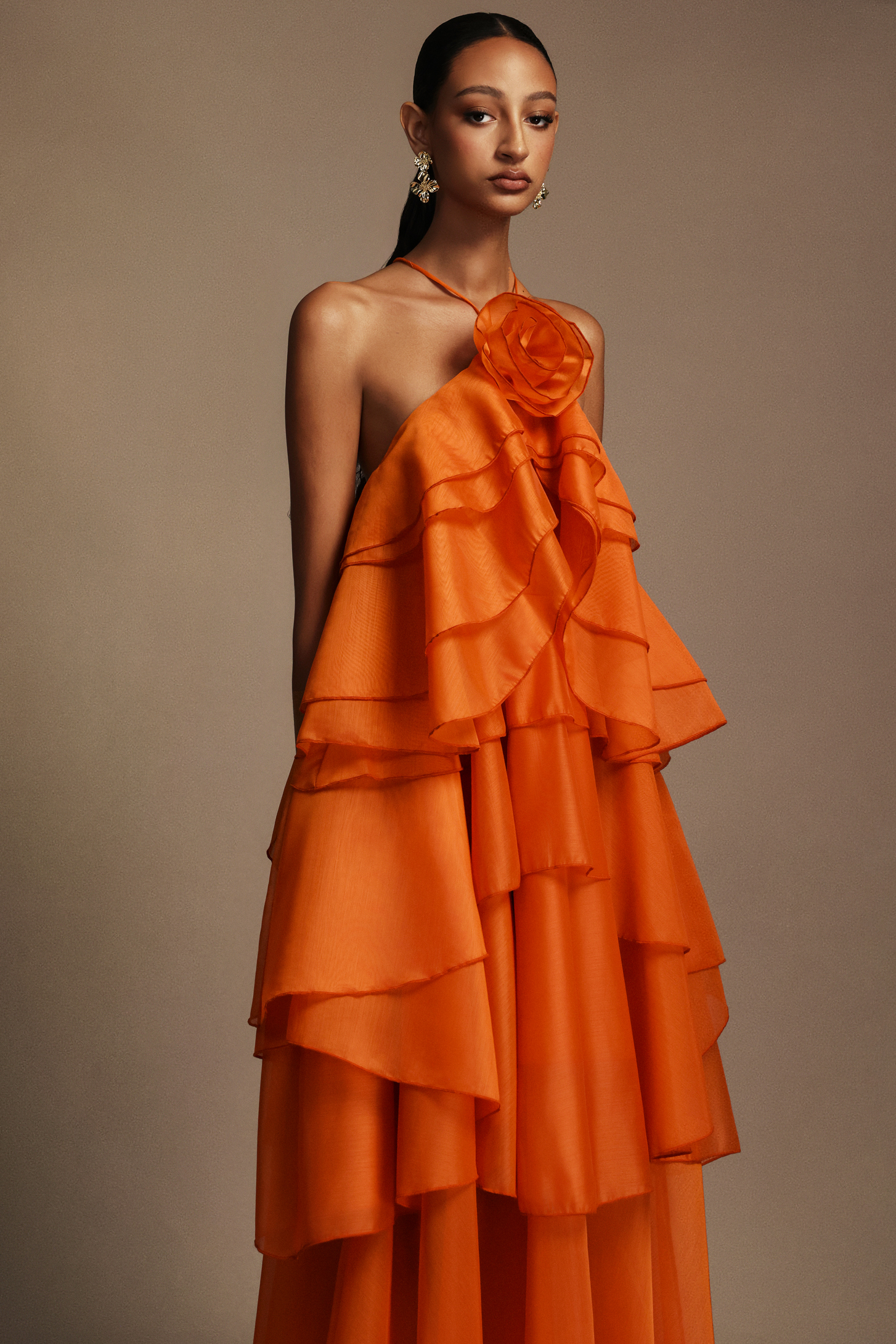 Jesmin Sleeveless Flower Layered Folds Maxi Dress