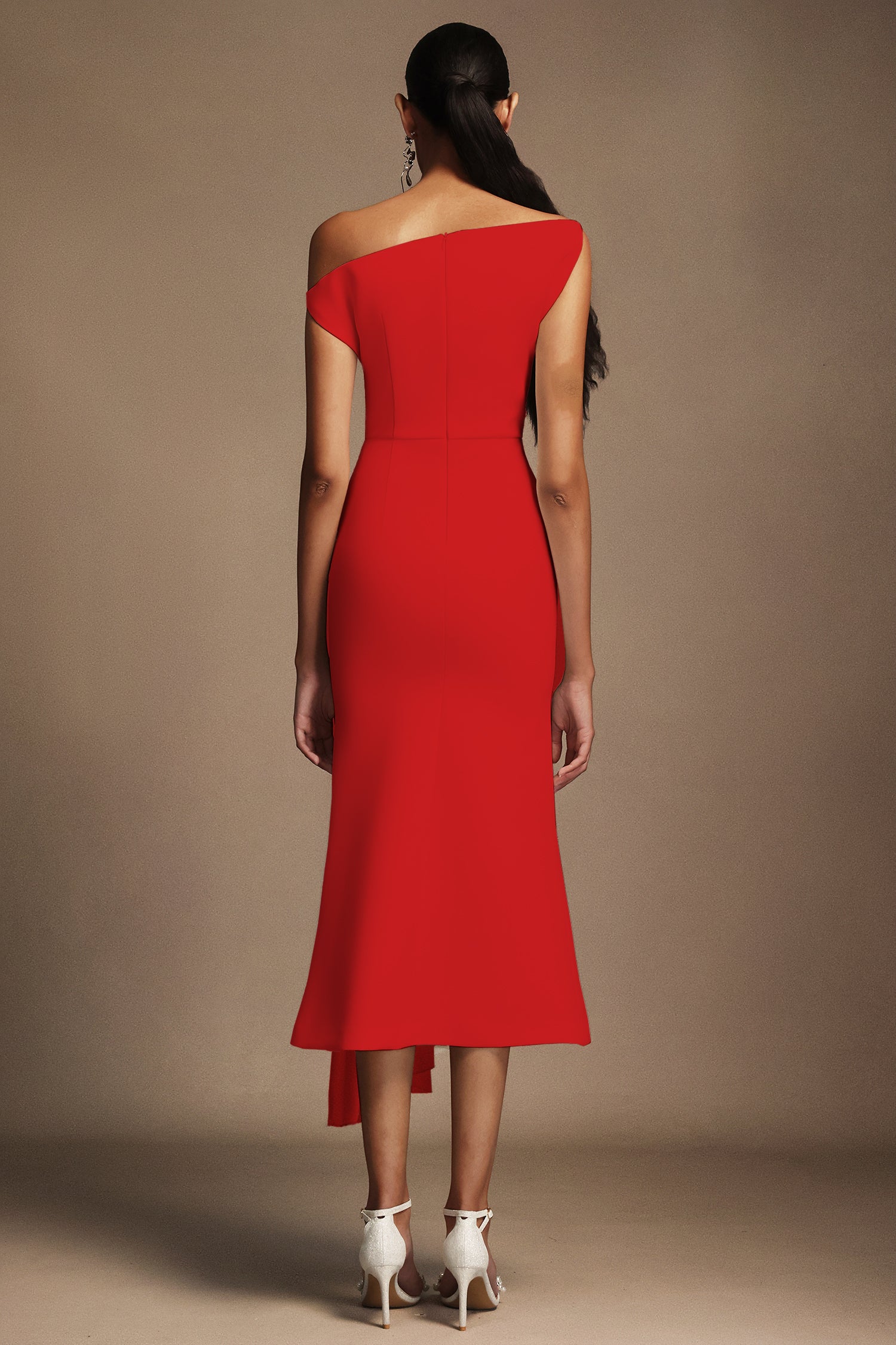 Jillian Oblique Shoulder Sleeveless Folds Midi Dress