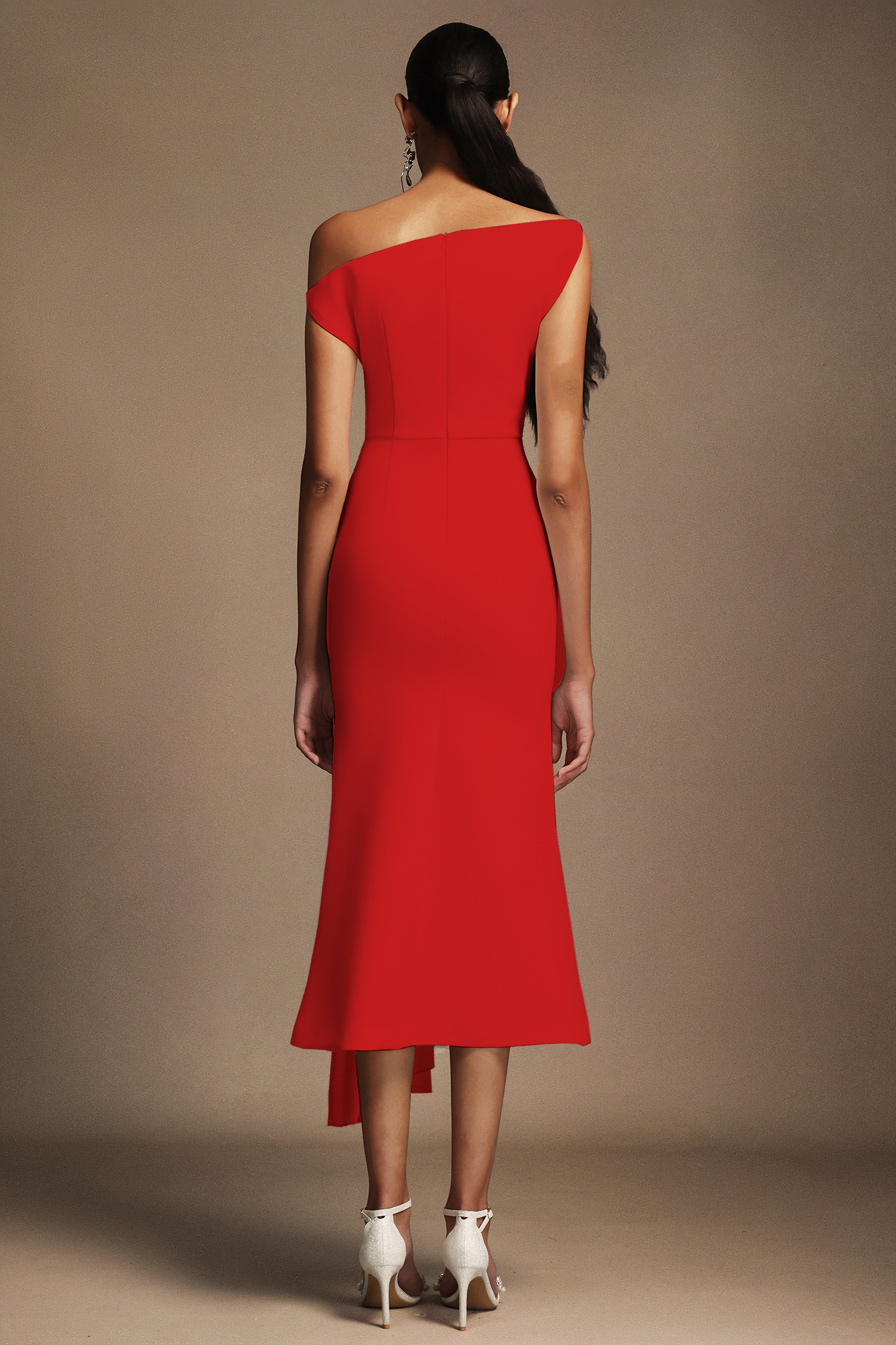 Jillian Oblique Shoulder Sleeveless Folds Midi Dress