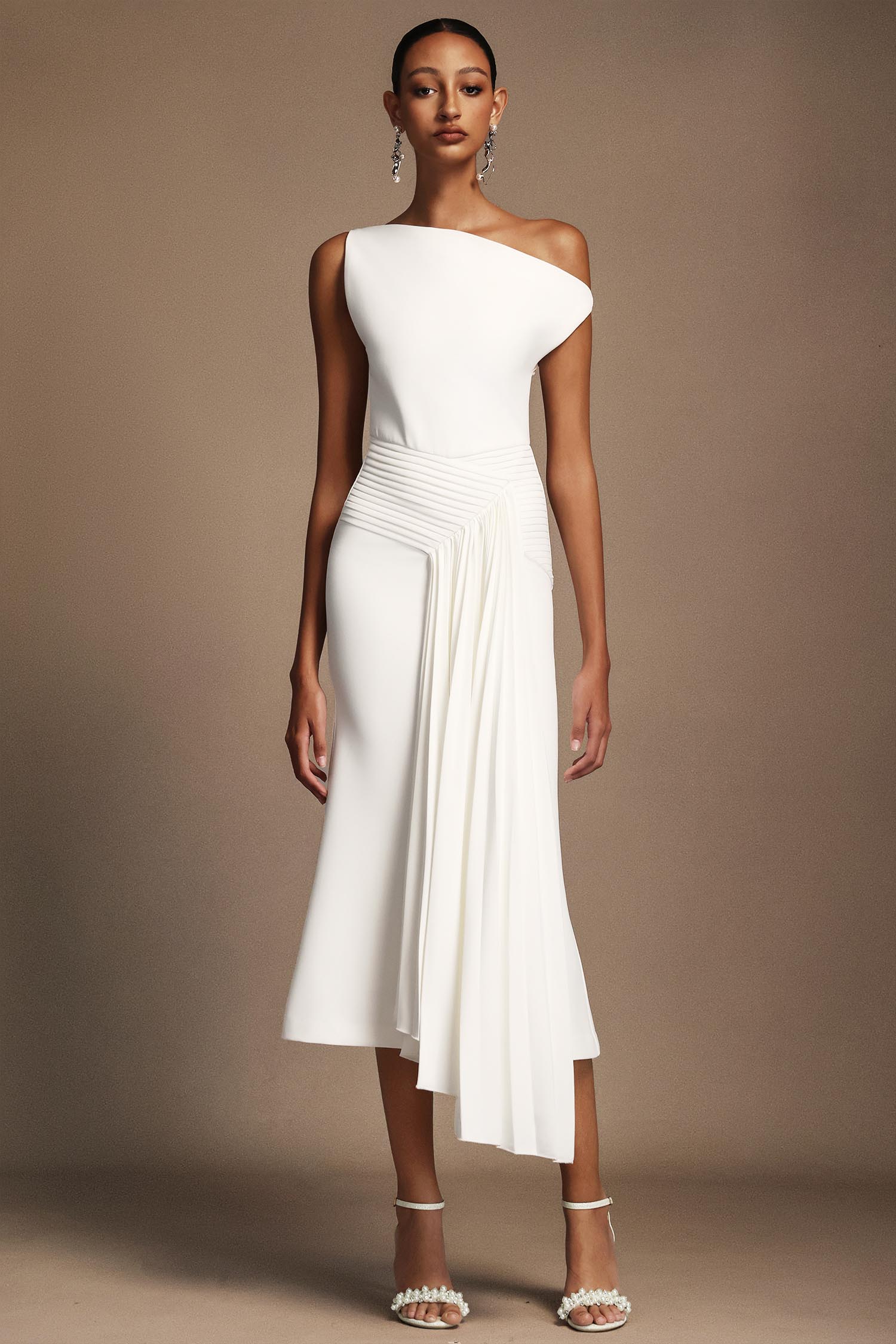 Paulina Oblique Shoulder Sleeveless Folds Midi Dress