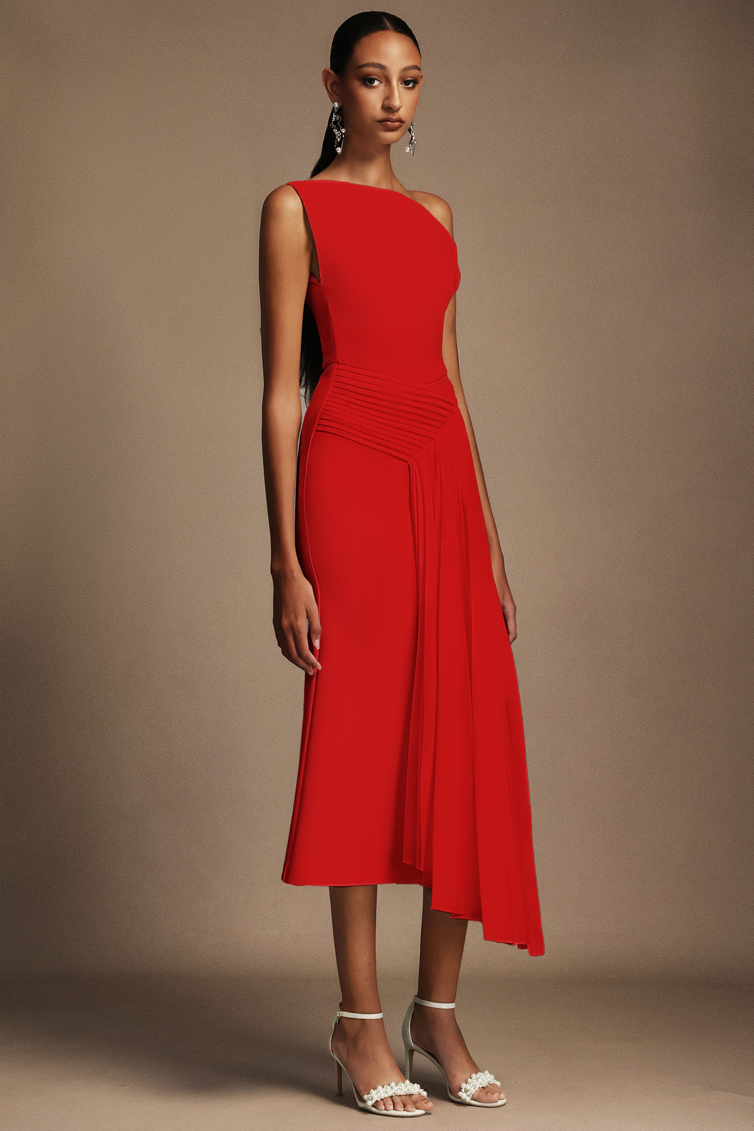 Jillian Oblique Shoulder Sleeveless Folds Midi Dress