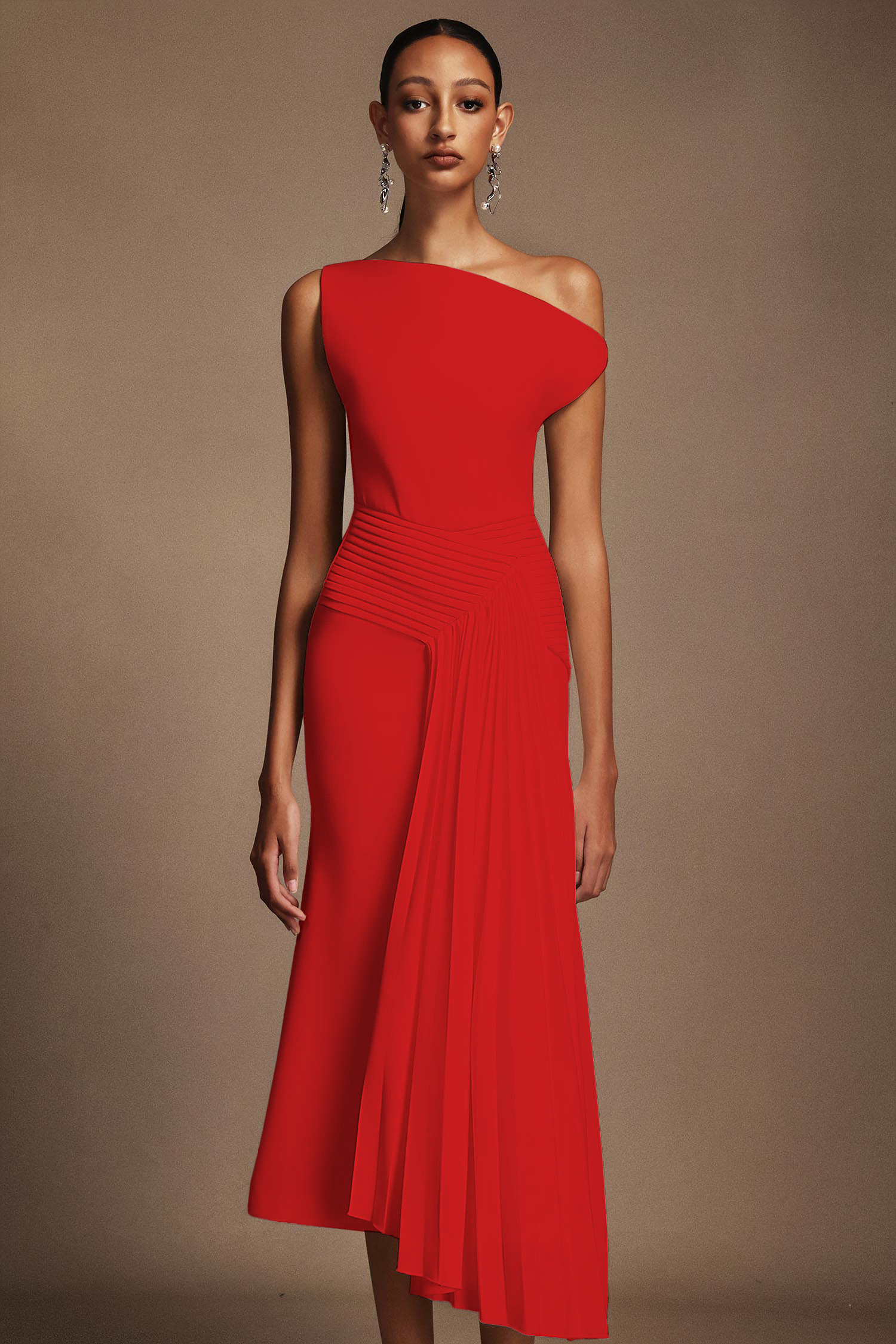 Jillian Oblique Shoulder Sleeveless Folds Midi Dress