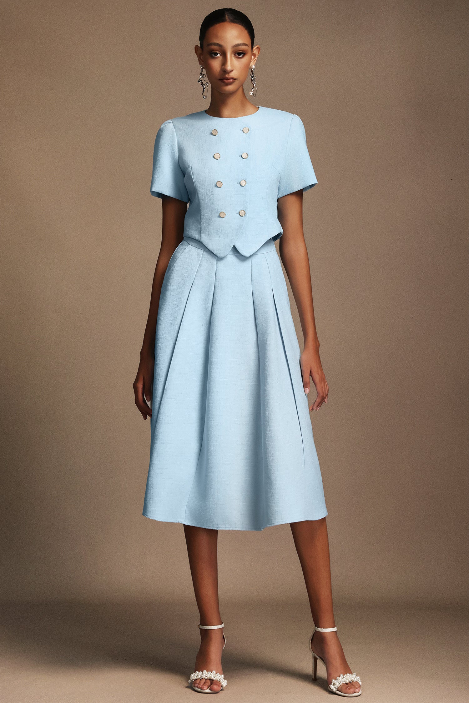 Katrina Round Neck Puff Sleeves Top And Skirt Two-Piece Set