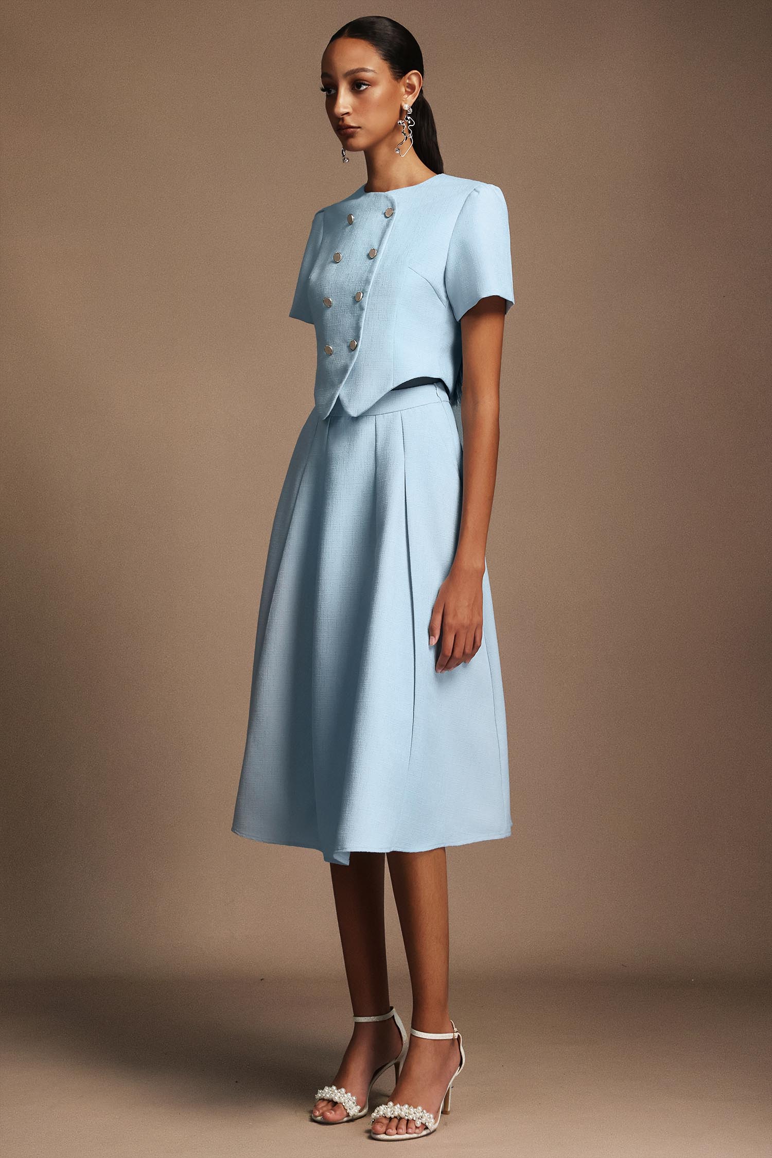 Katrina Round Neck Puff Sleeves Top And Skirt Two-Piece Set