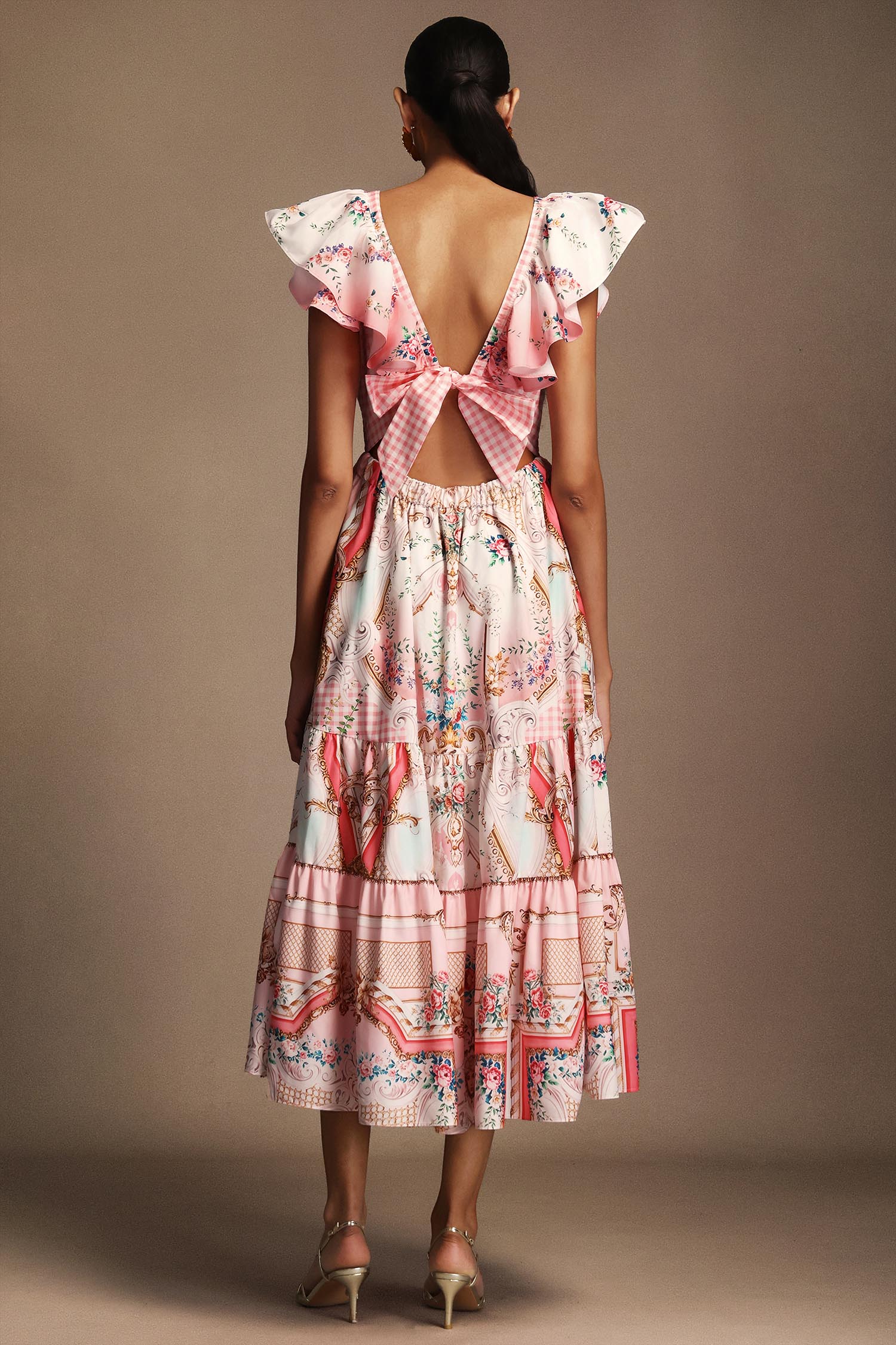 Sagona Sleeveless Floral Printed Folds Midi Dress