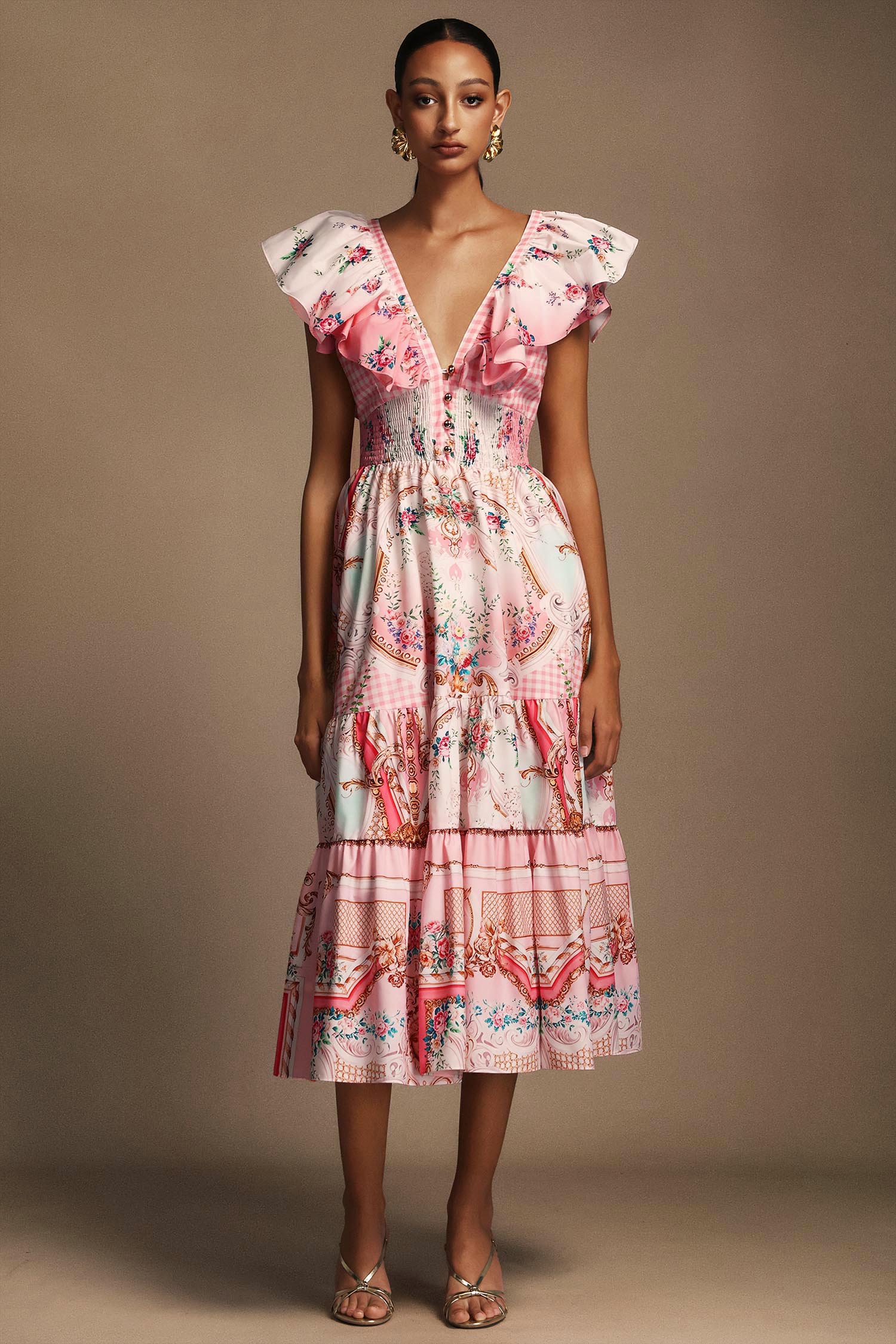 Sagona Sleeveless Floral Printed Folds Midi Dress