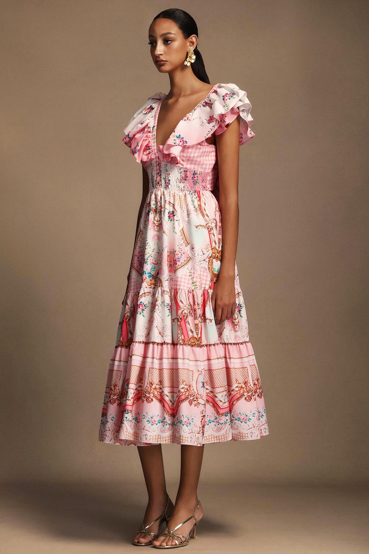 Sagona Sleeveless Floral Printed Folds Midi Dress