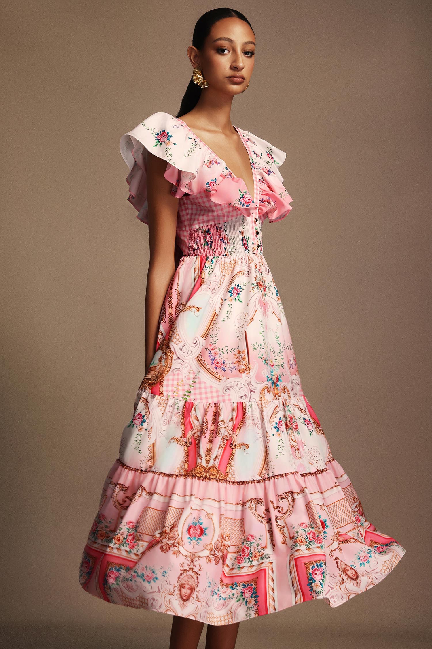 Sagona Sleeveless Floral Printed Folds Midi Dress