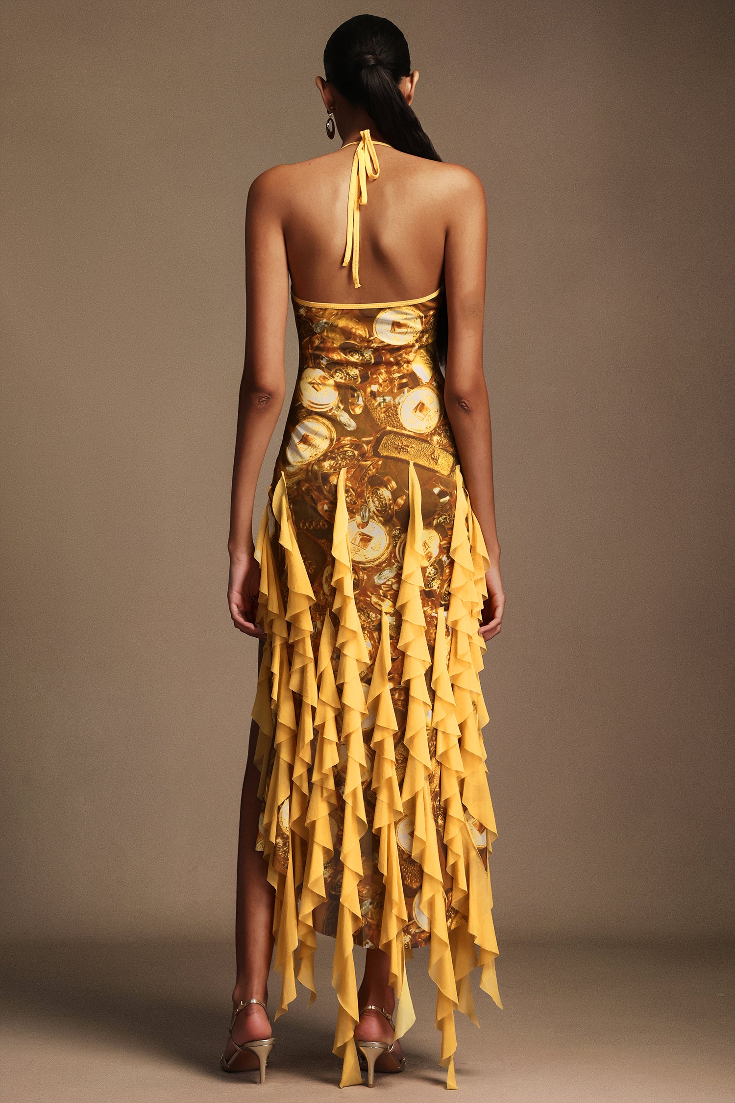 Uri Halter Sleeveless Flounce Printing Maxi Dress