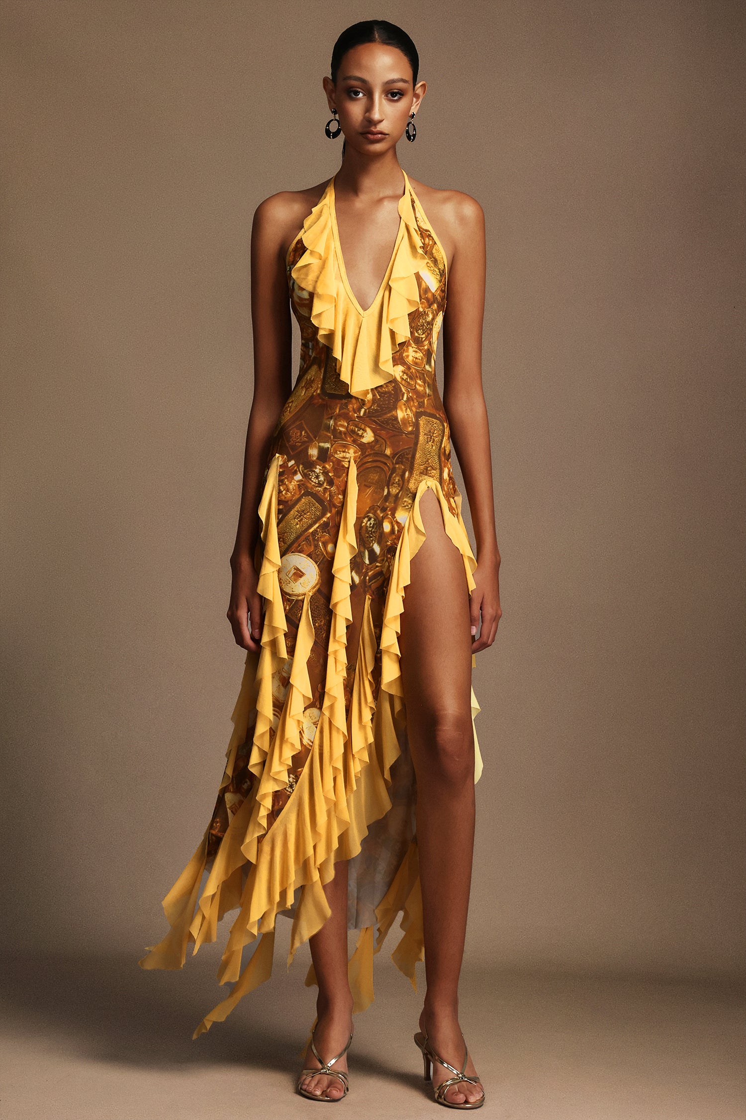 Uri Halter Sleeveless Flounce Printing Maxi Dress