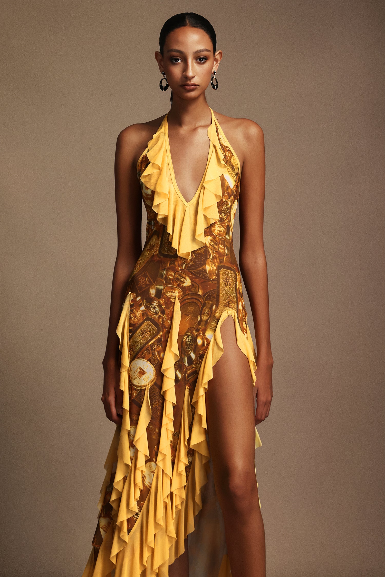 Uri Halter Sleeveless Flounce Printing Maxi Dress