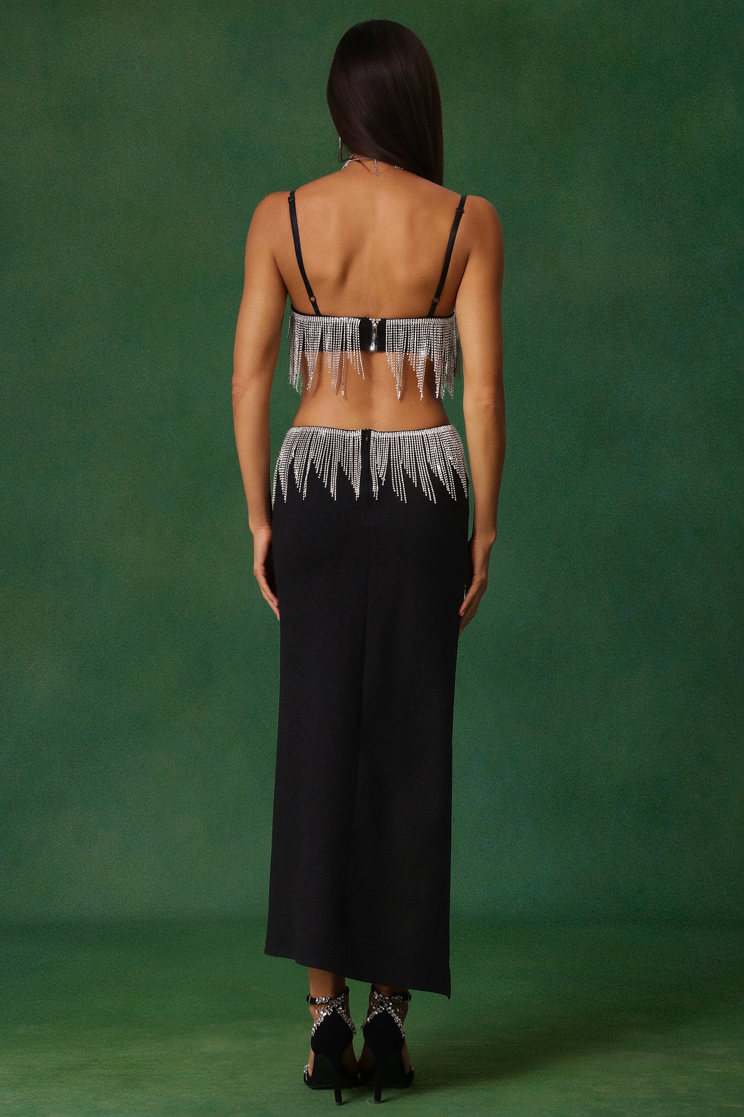 Jerlyn Sleeveless Diamond Tassels Slit Bandage Maxi Dress