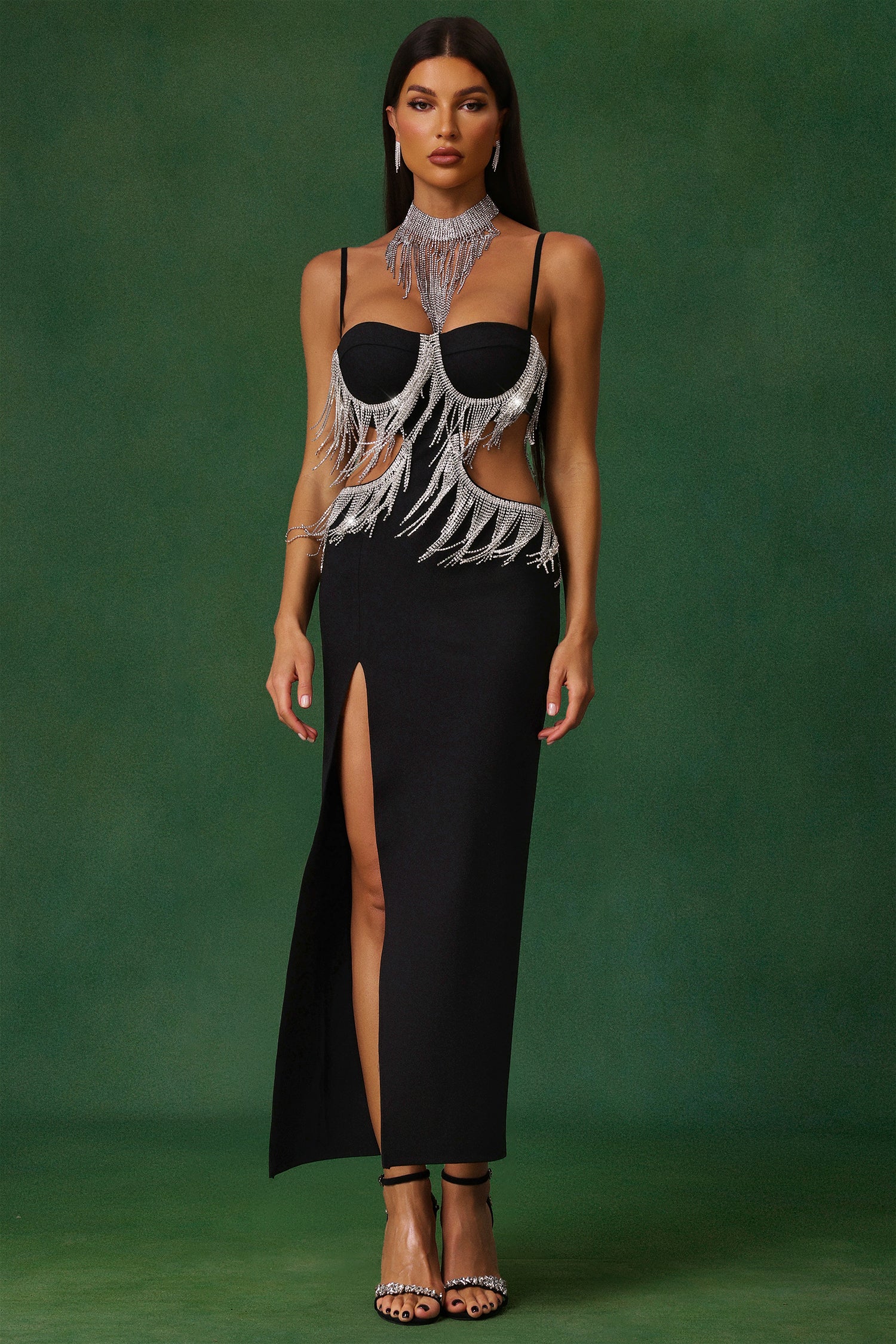 Jerlyn Sleeveless Diamond Tassels Slit Bandage Maxi Dress