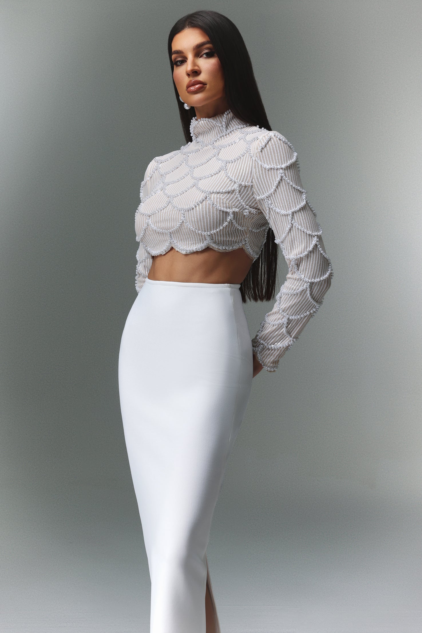 Riane Long Sleeves Pearl Bandage Two-Piece Set