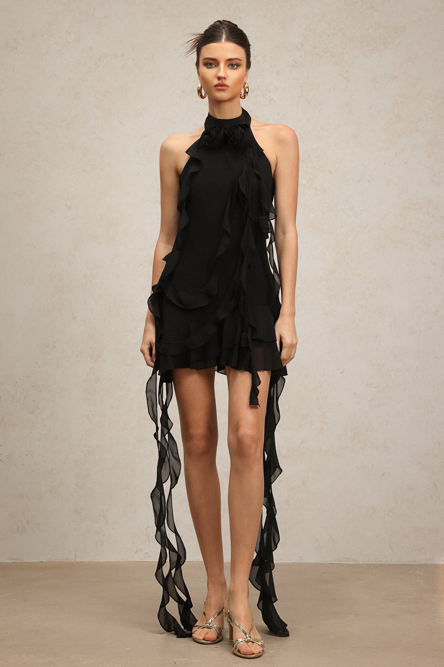 Hermione Halter Sleeveless Flounce Flowers Mini Dress