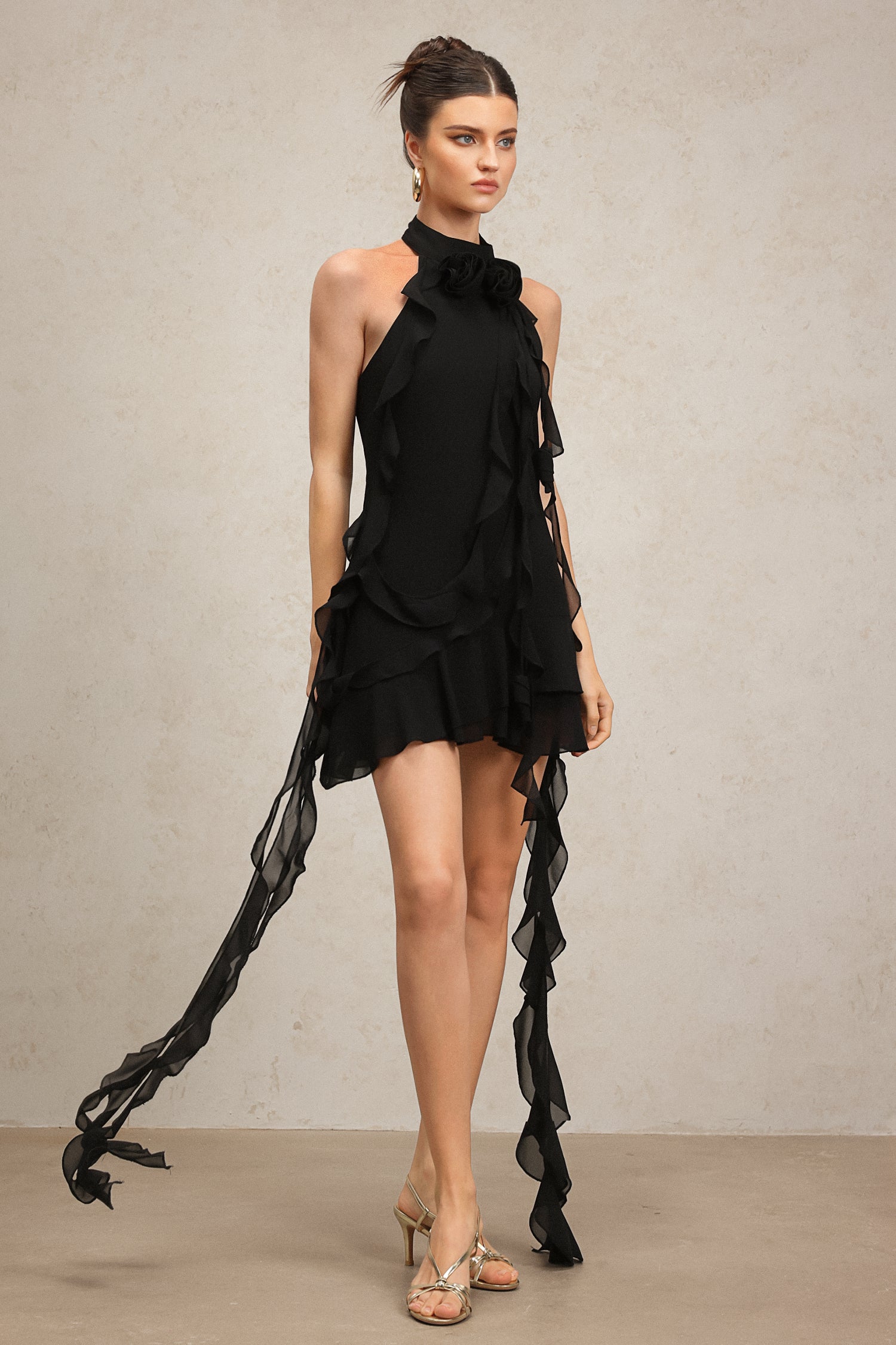 Hermione Halter Sleeveless Flounce Flowers Mini Dress