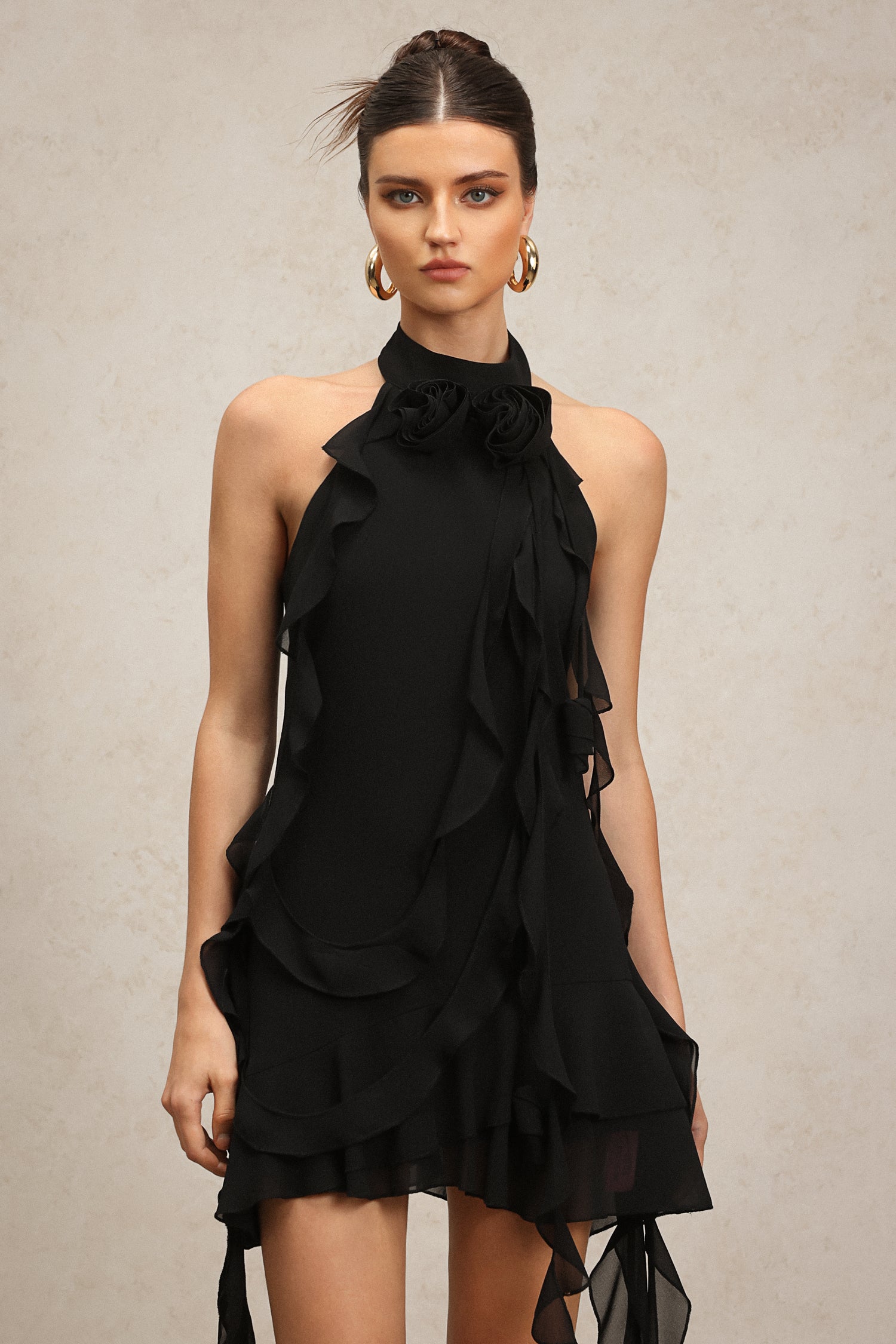 Hermione Halter Sleeveless Flounce Flowers Mini Dress