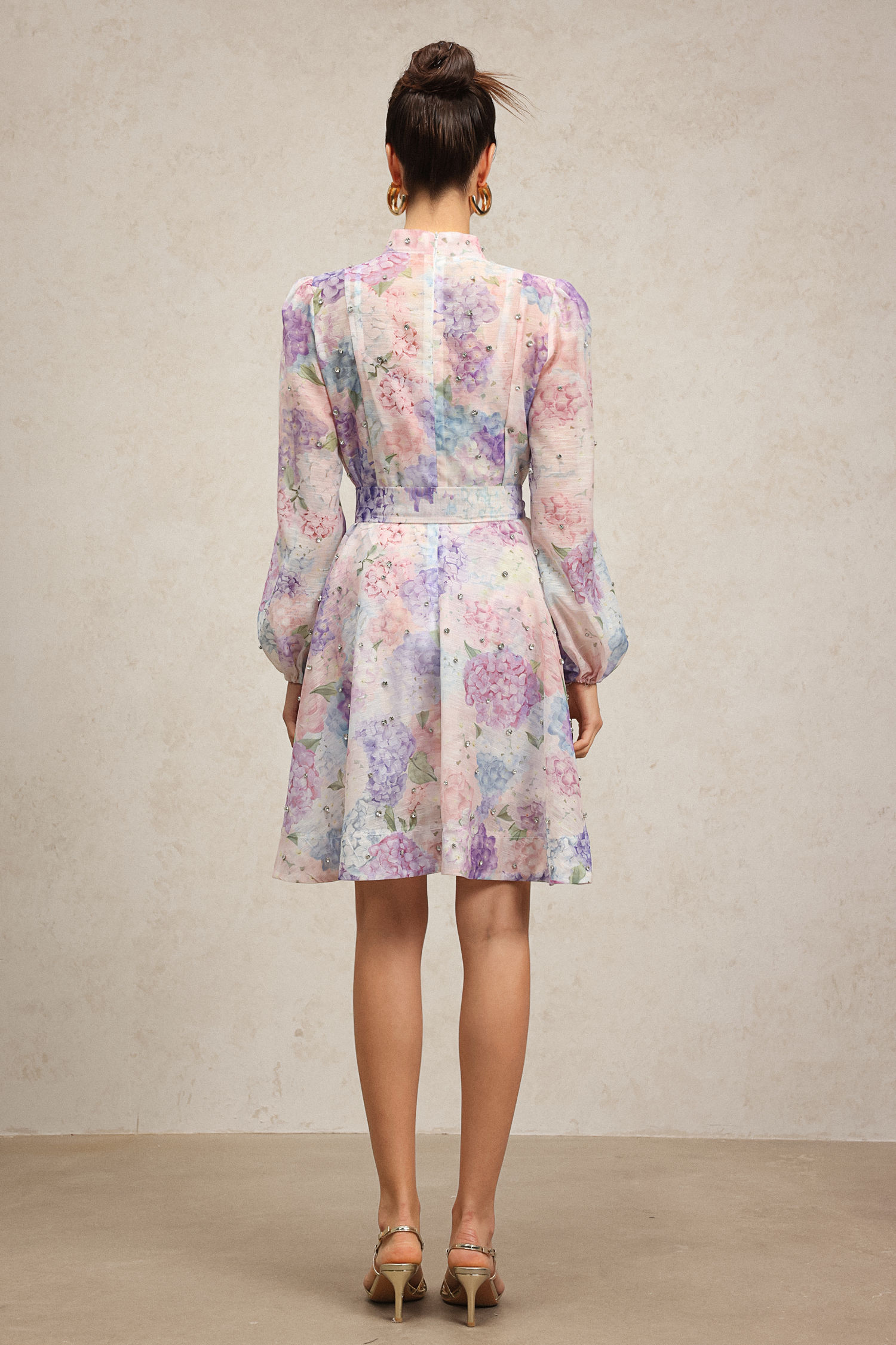 Faray Long Sleeves Floral Printed Diamond Mini Dress