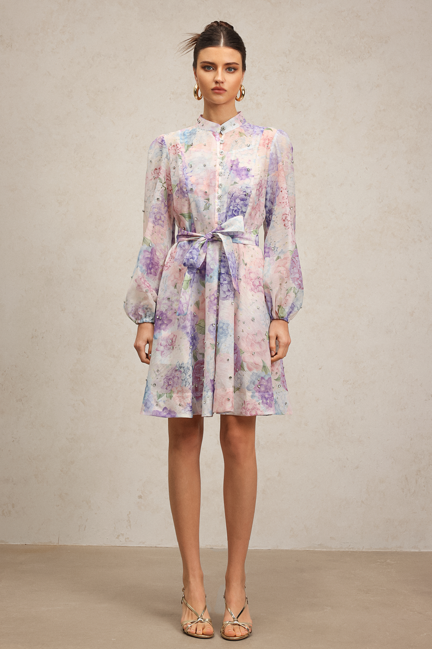 Faray Long Sleeves Floral Printed Diamond Mini Dress