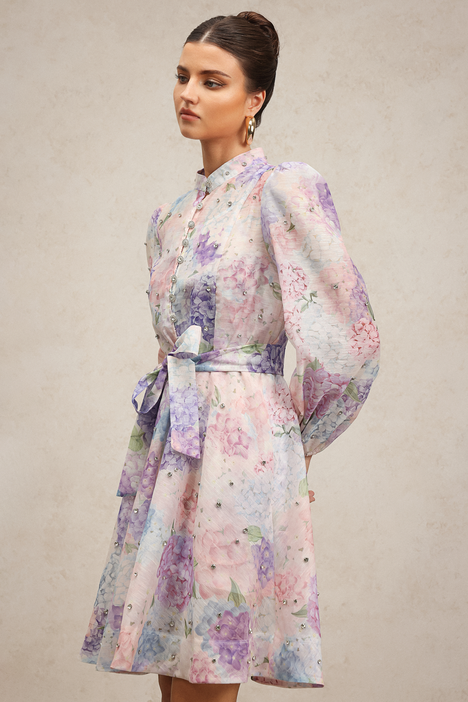 Faray Long Sleeves Floral Printed Diamond Mini Dress