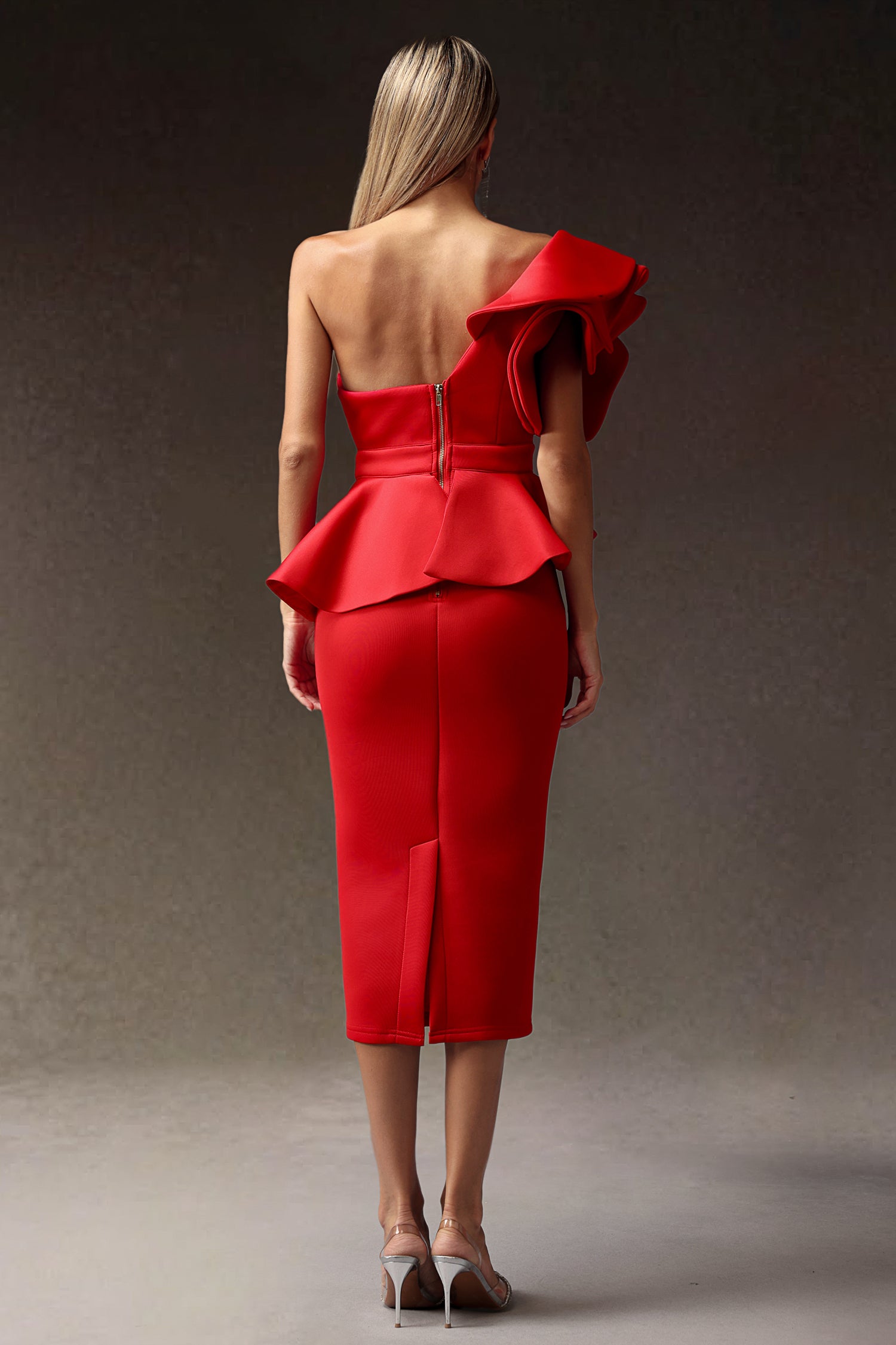 Erise One Shoulder Flounce Midi Dress