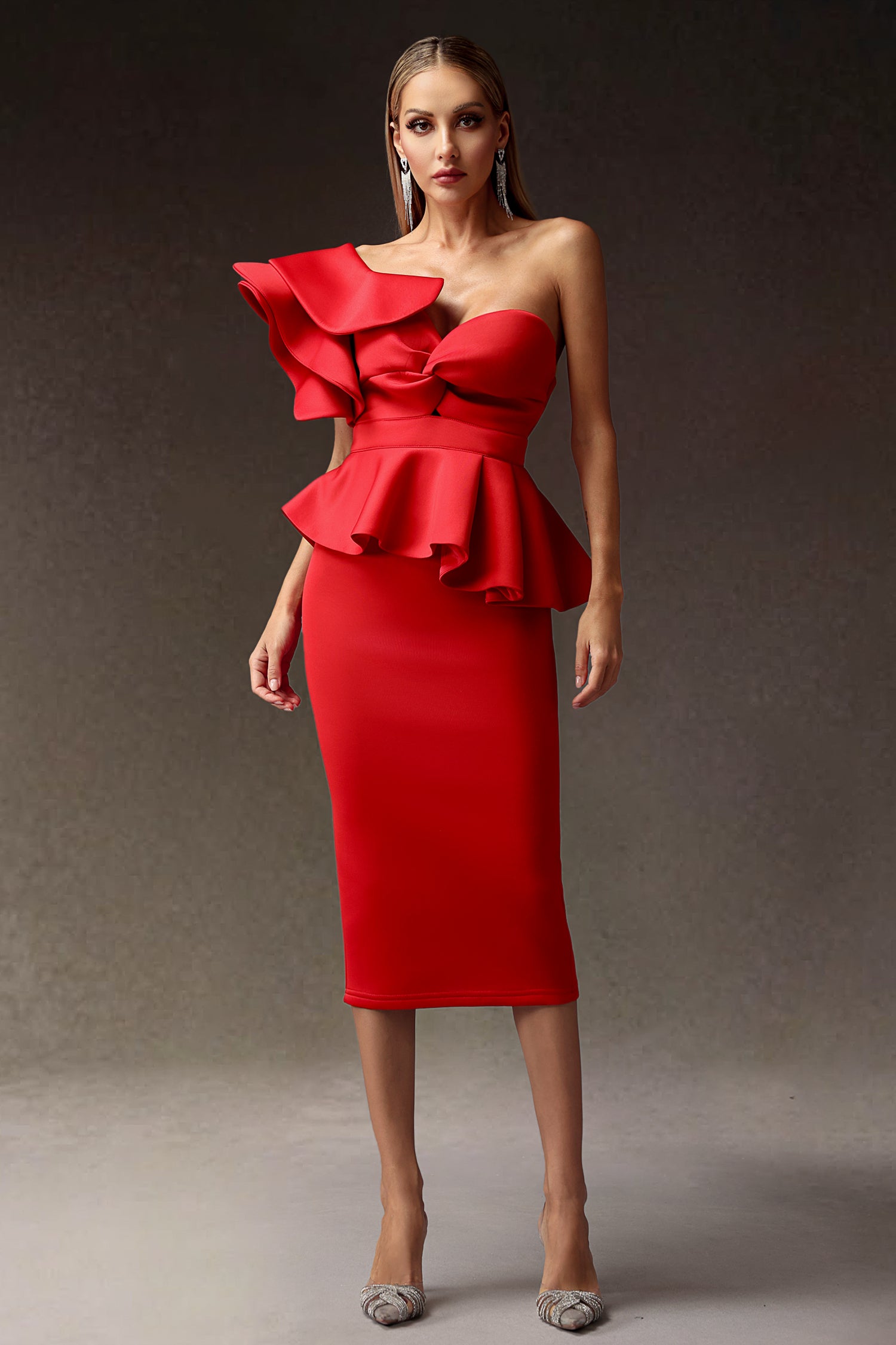 Erise One Shoulder Flounce Midi Dress