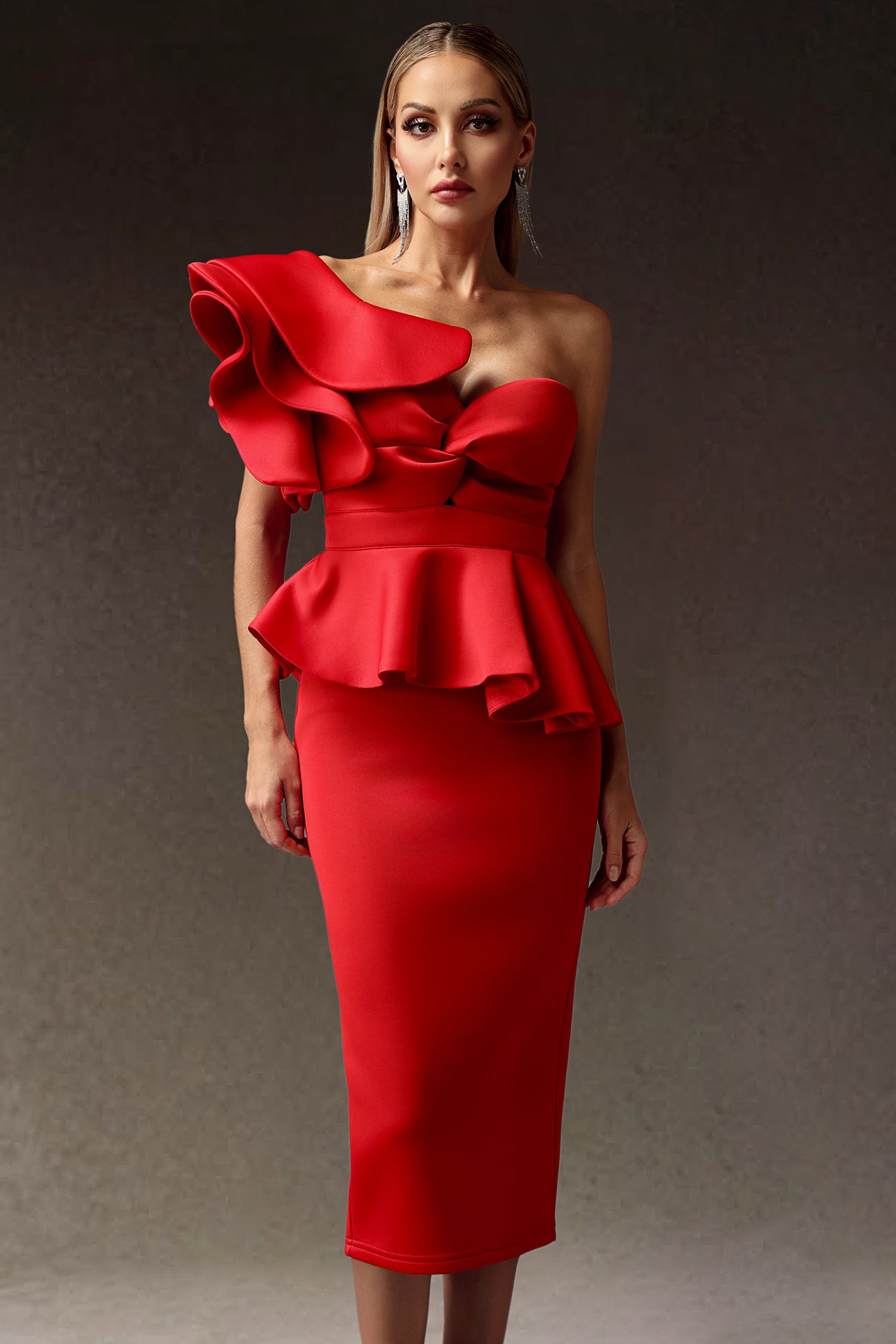 Erise One Shoulder Flounce Midi Dress