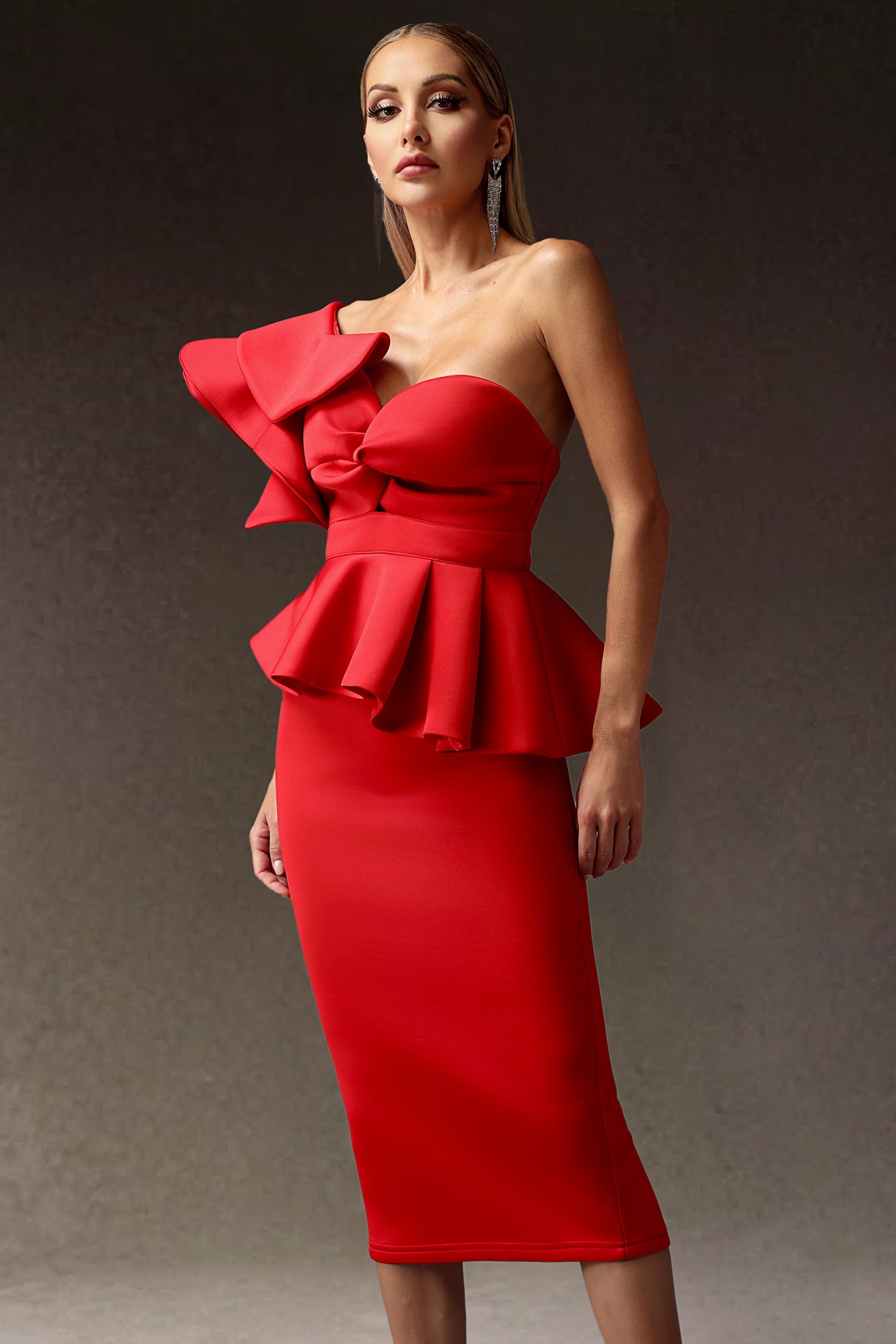 Erise One Shoulder Flounce Midi Dress