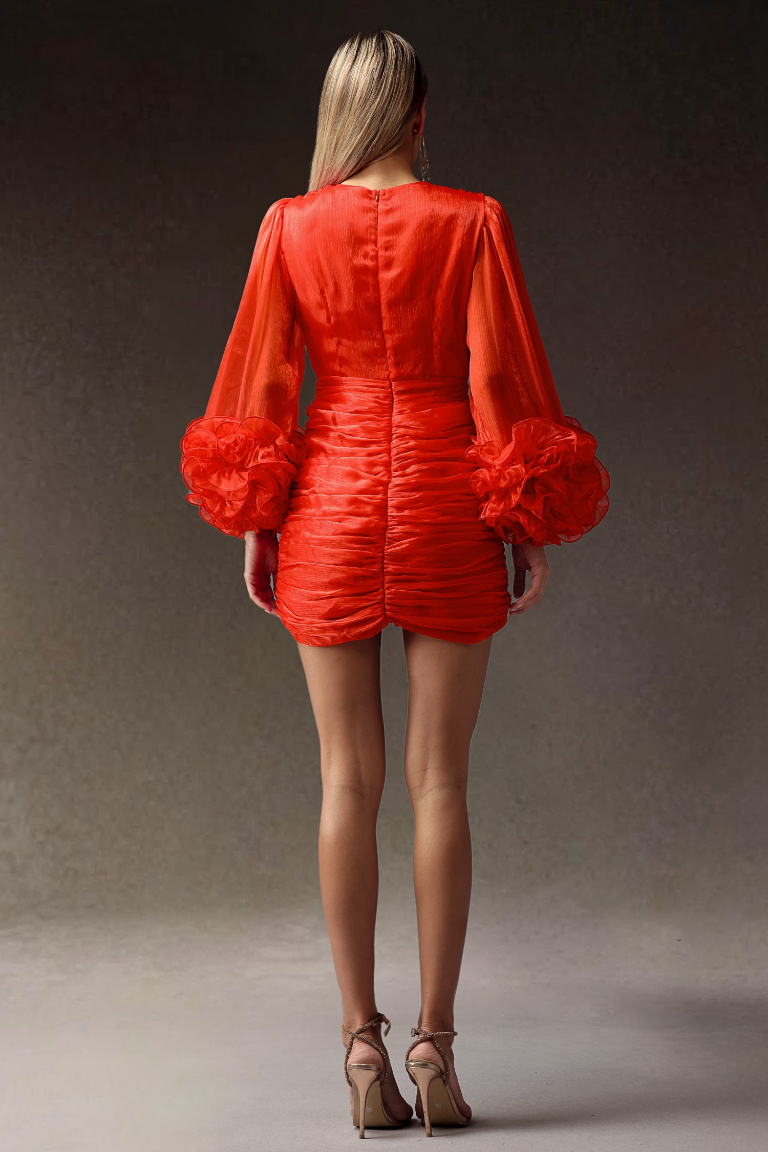 Evangeline Deep-V Falbala Trumpet Sleeves Mini Dress