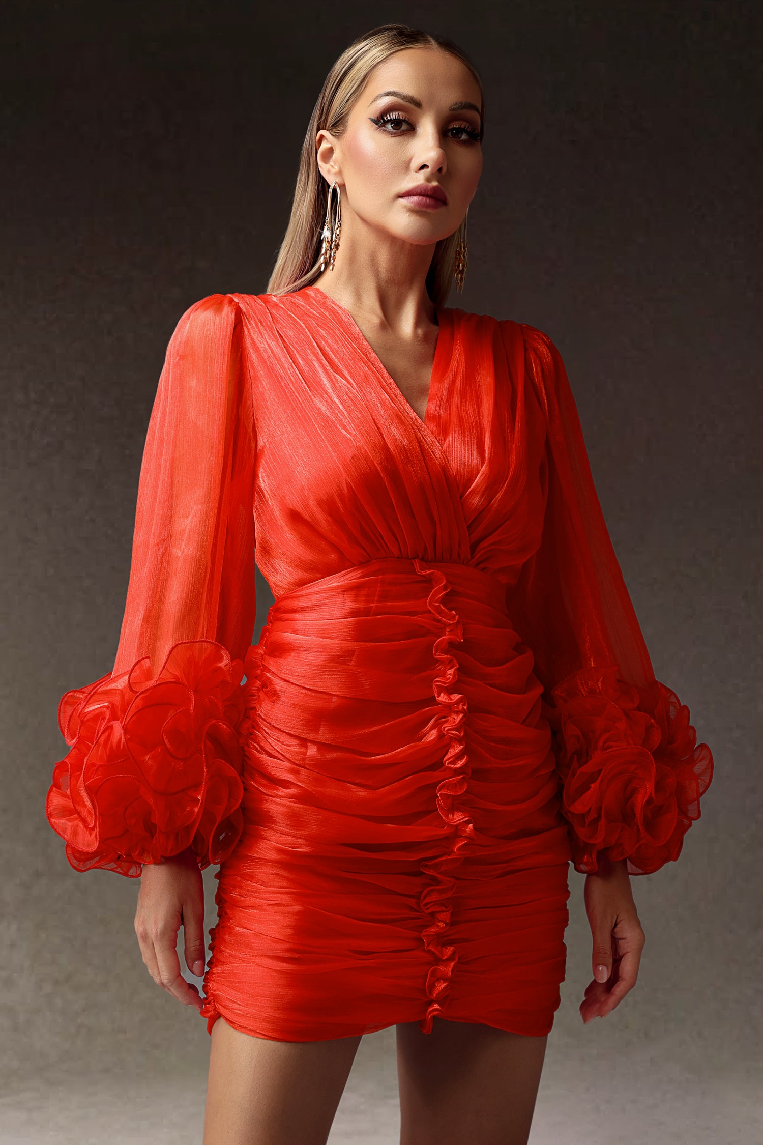 Evangeline Deep-V Falbala Trumpet Sleeves Mini Dress