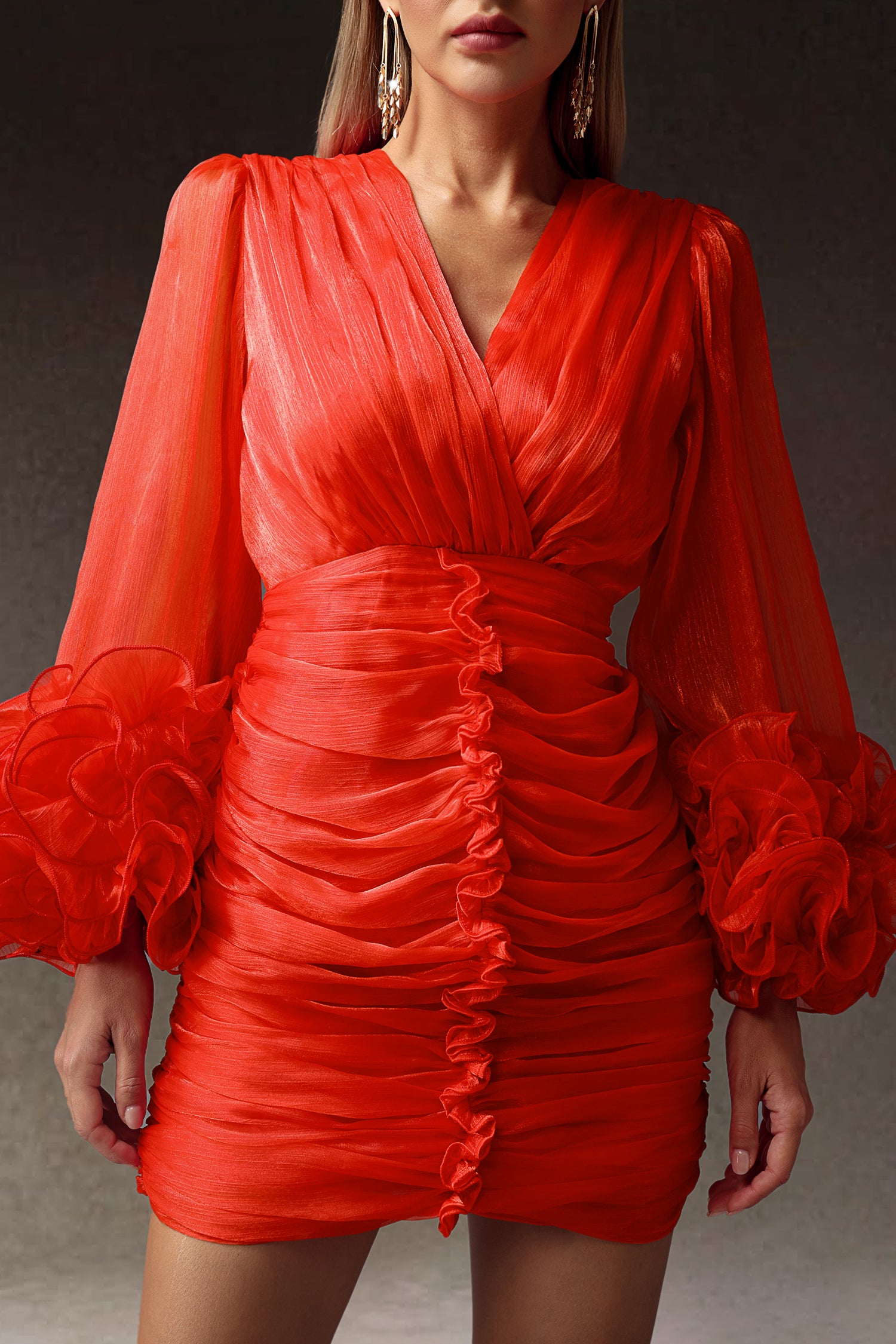 Evangeline Deep-V Falbala Trumpet Sleeves Mini Dress