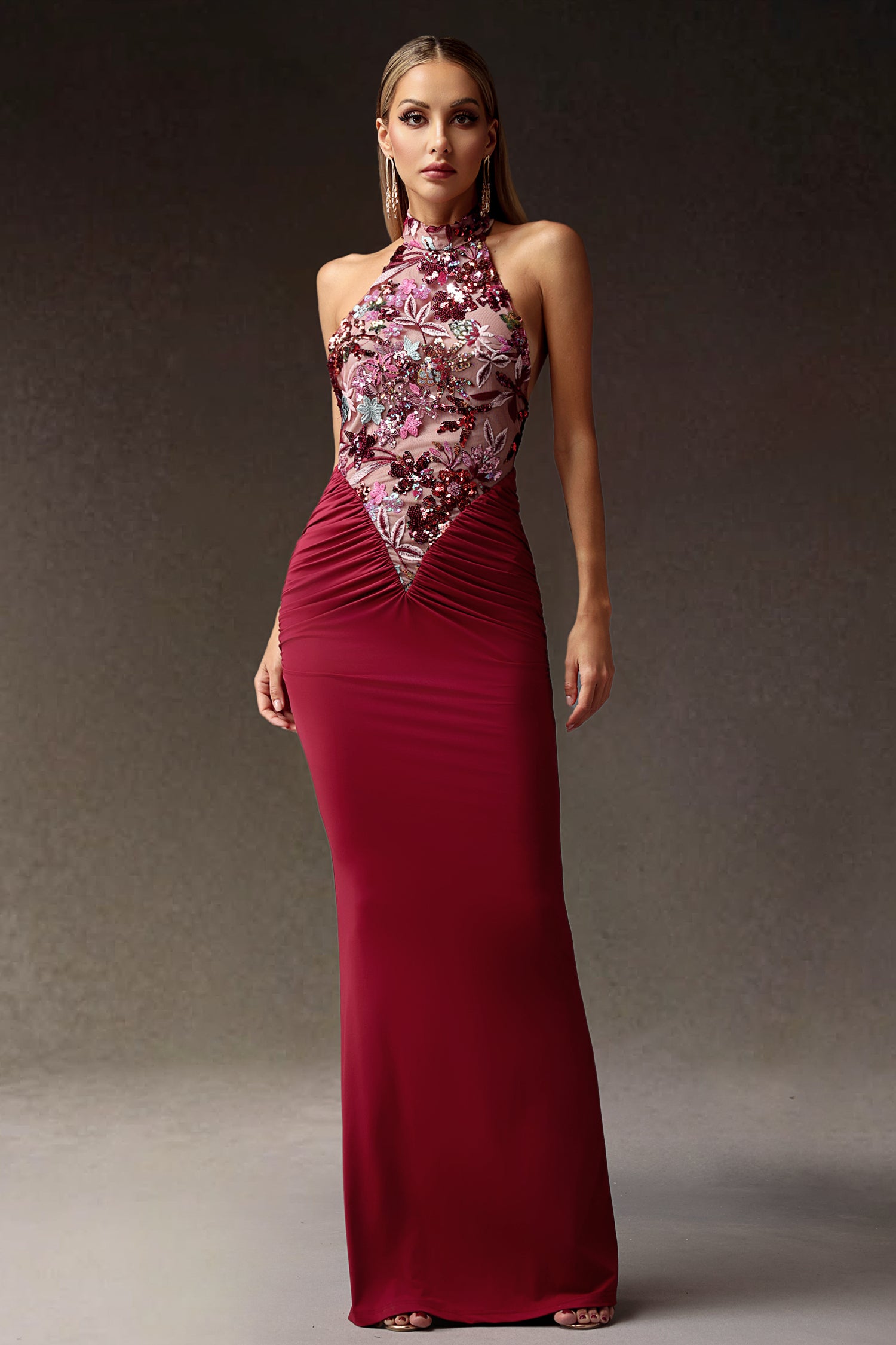 Elisabeth Flowers Sequins Slim Maxi Dress