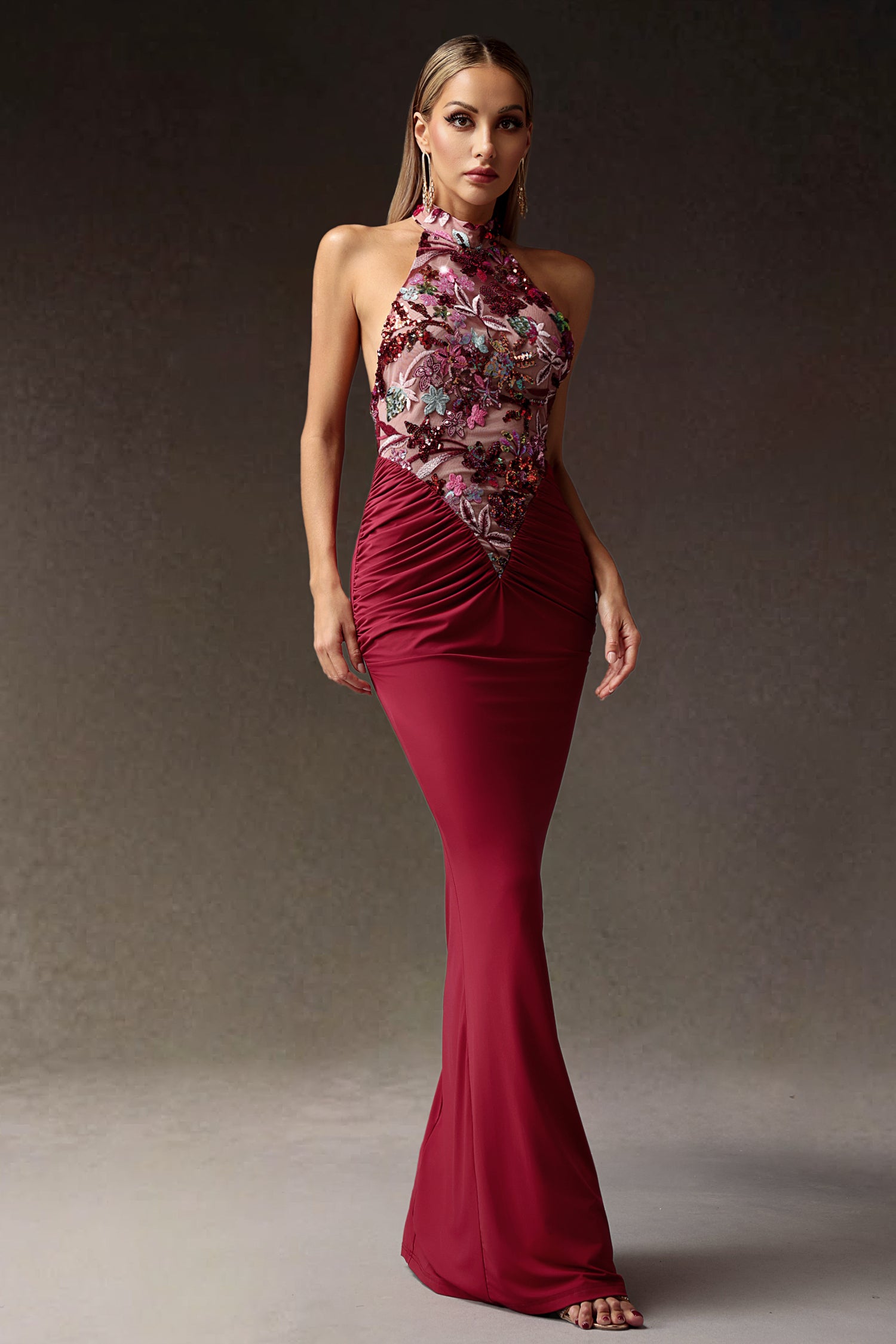 Elisabeth Flowers Sequins Slim Maxi Dress