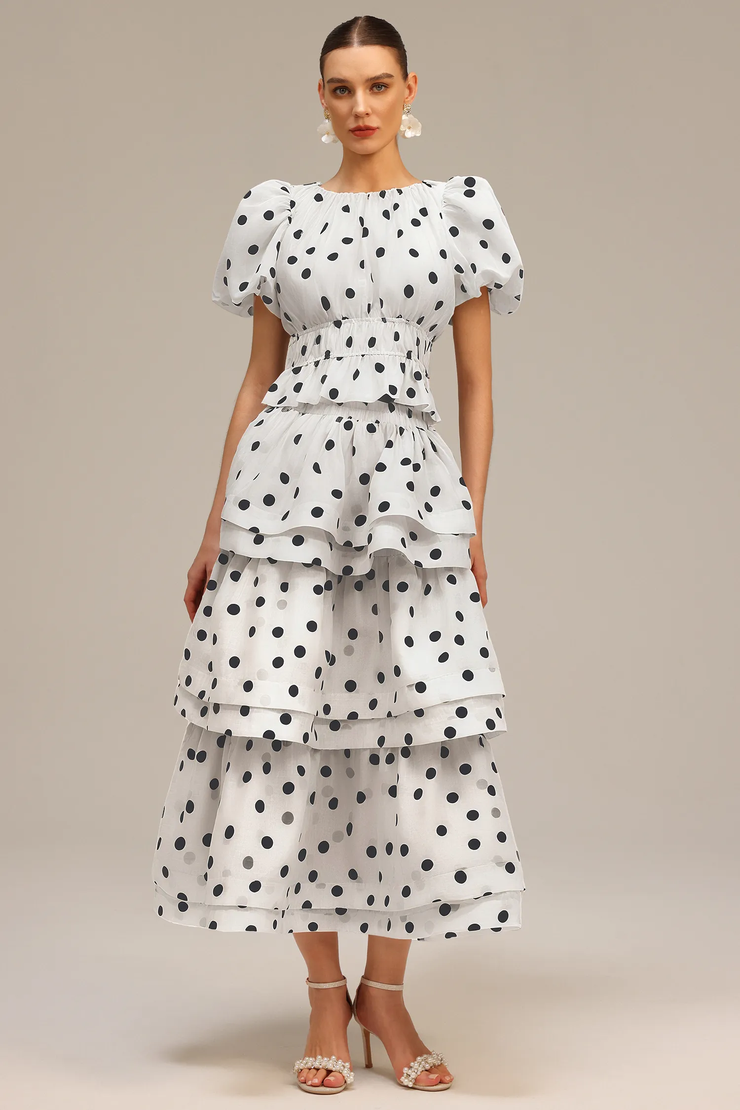 Nasim Puff Sleeves Dot Printed Top And Skirt Two-Piece Set