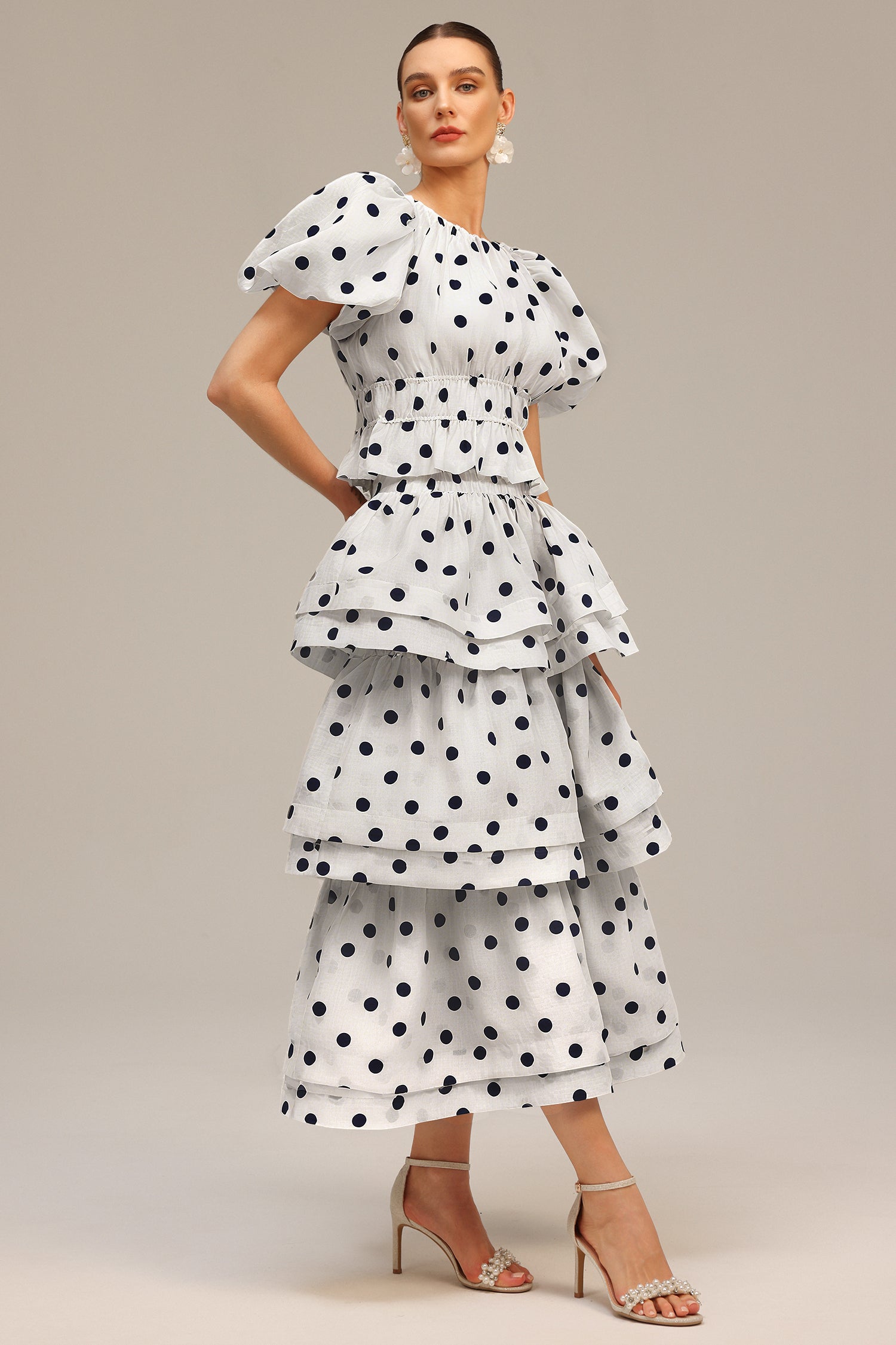 Nasim Puff Sleeves Dot Printed Top And Skirt Two-Piece Set