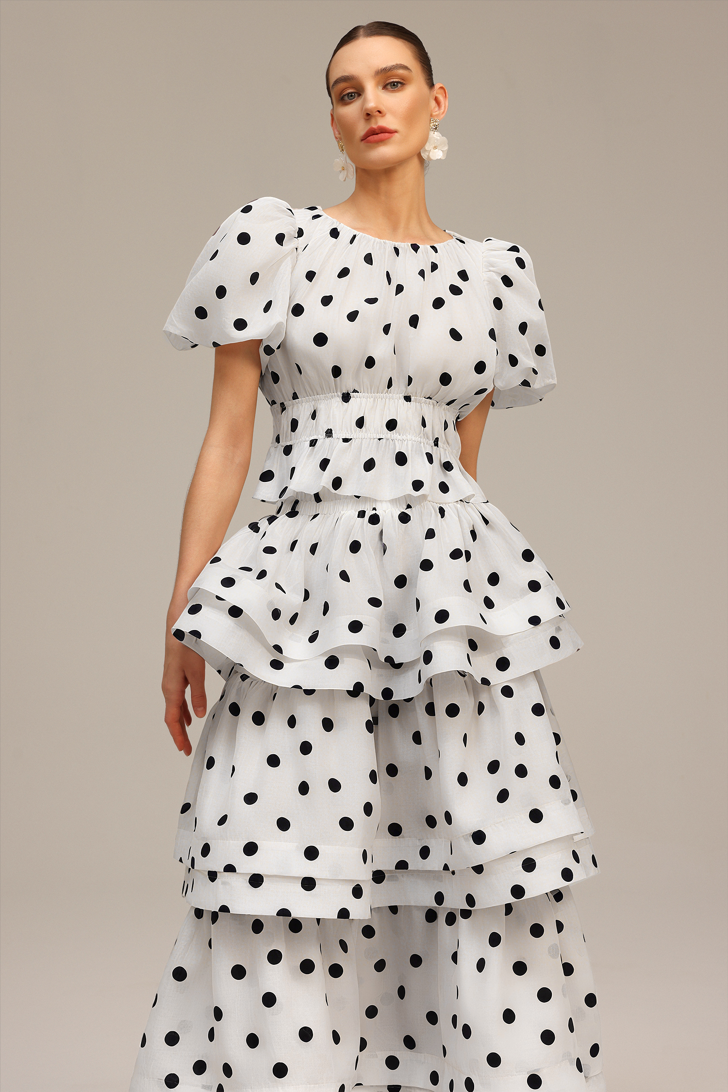 Nasim Puff Sleeves Dot Printed Top And Skirt Two-Piece Set