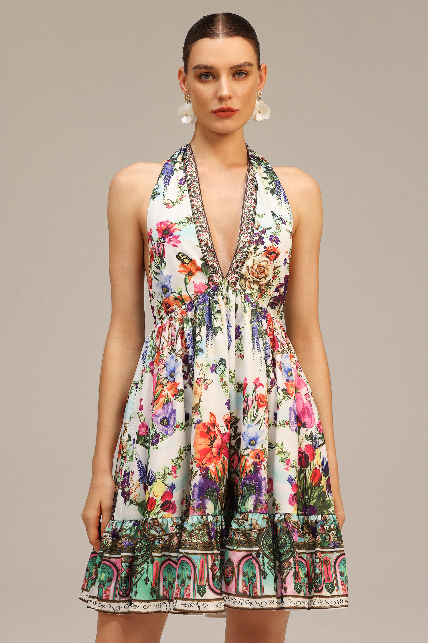 Emier V-neck Floral Printed Mini Dress