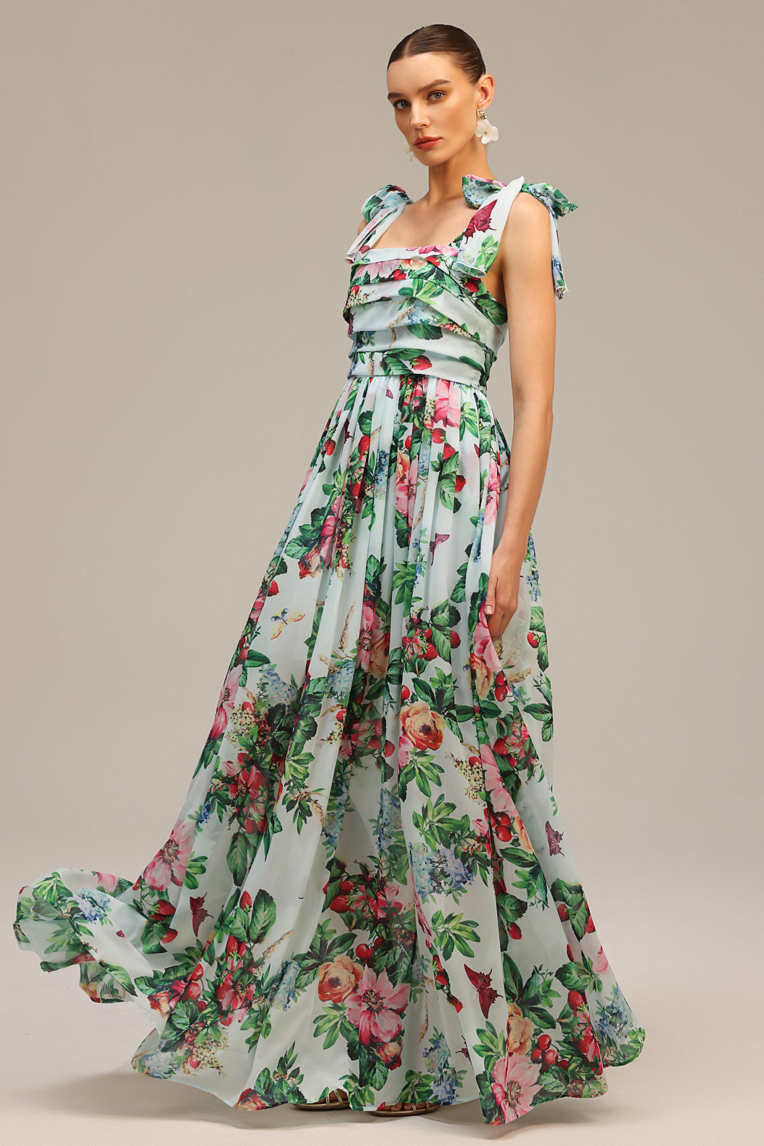 Whitley Sleeveless Bowknot Floral Printed Maxi Dress