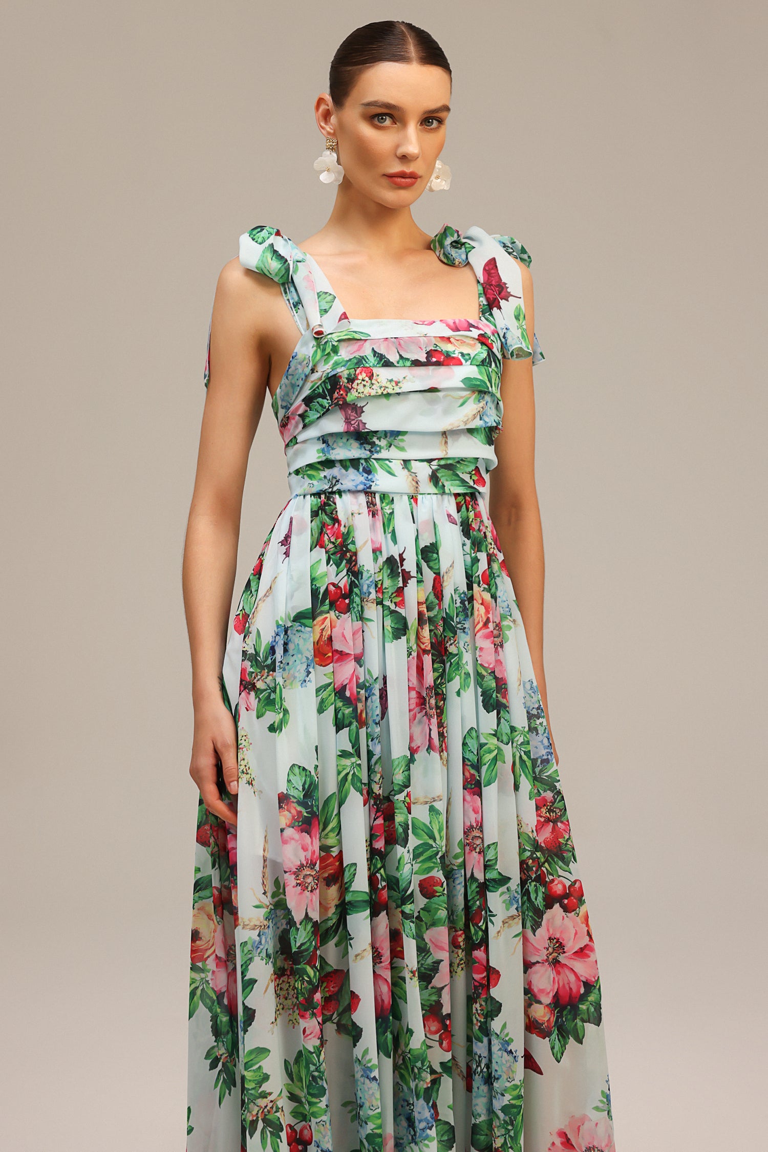 Whitley Sleeveless Bowknot Floral Printed Maxi Dress