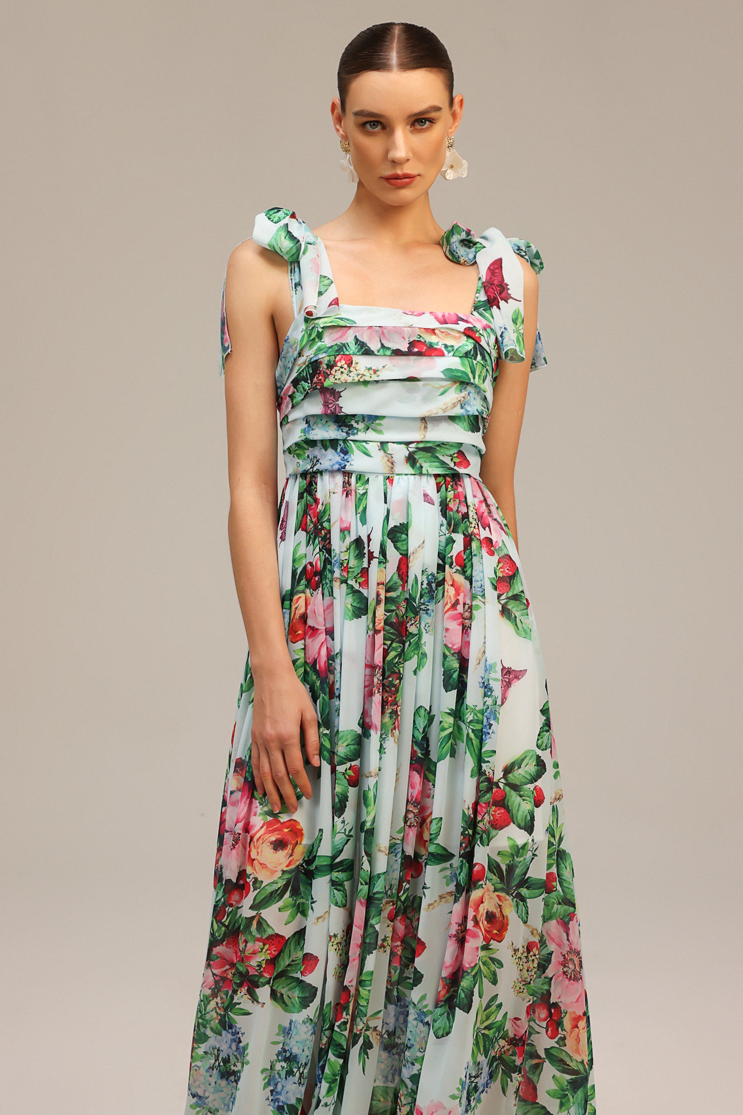 Whitley Sleeveless Bowknot Floral Printed Maxi Dress