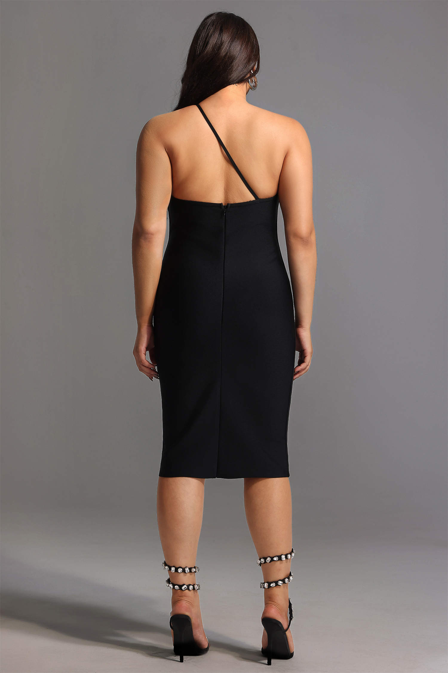 Janan One Shoulder Midi Cocktail Dress - Black