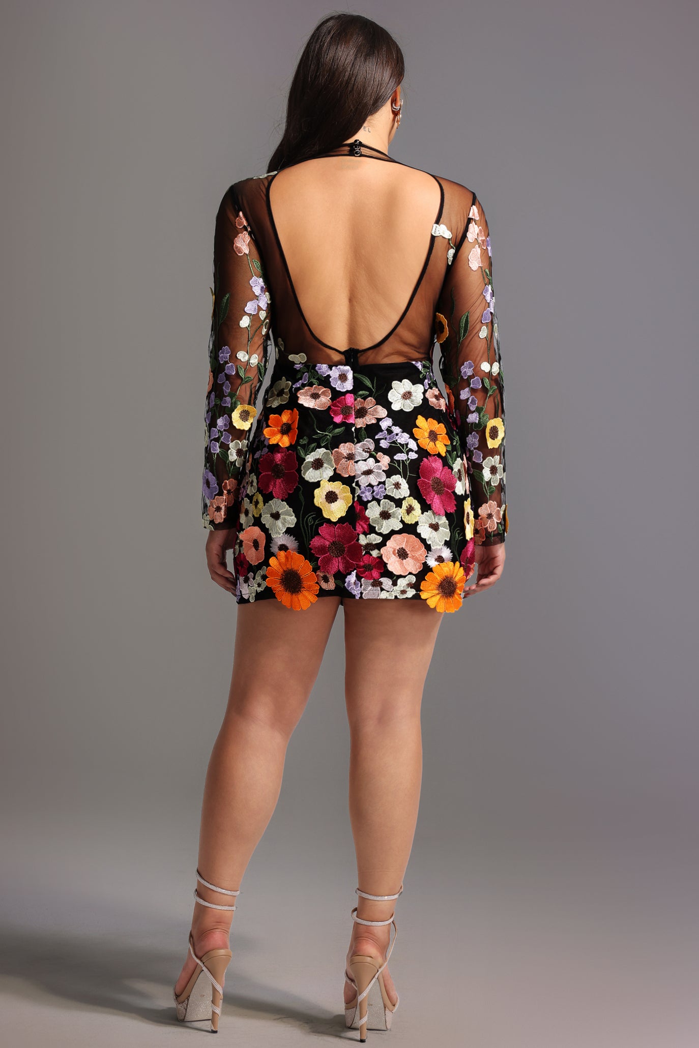 Gricely Long Sleeve Flowers Backless Mini Dress