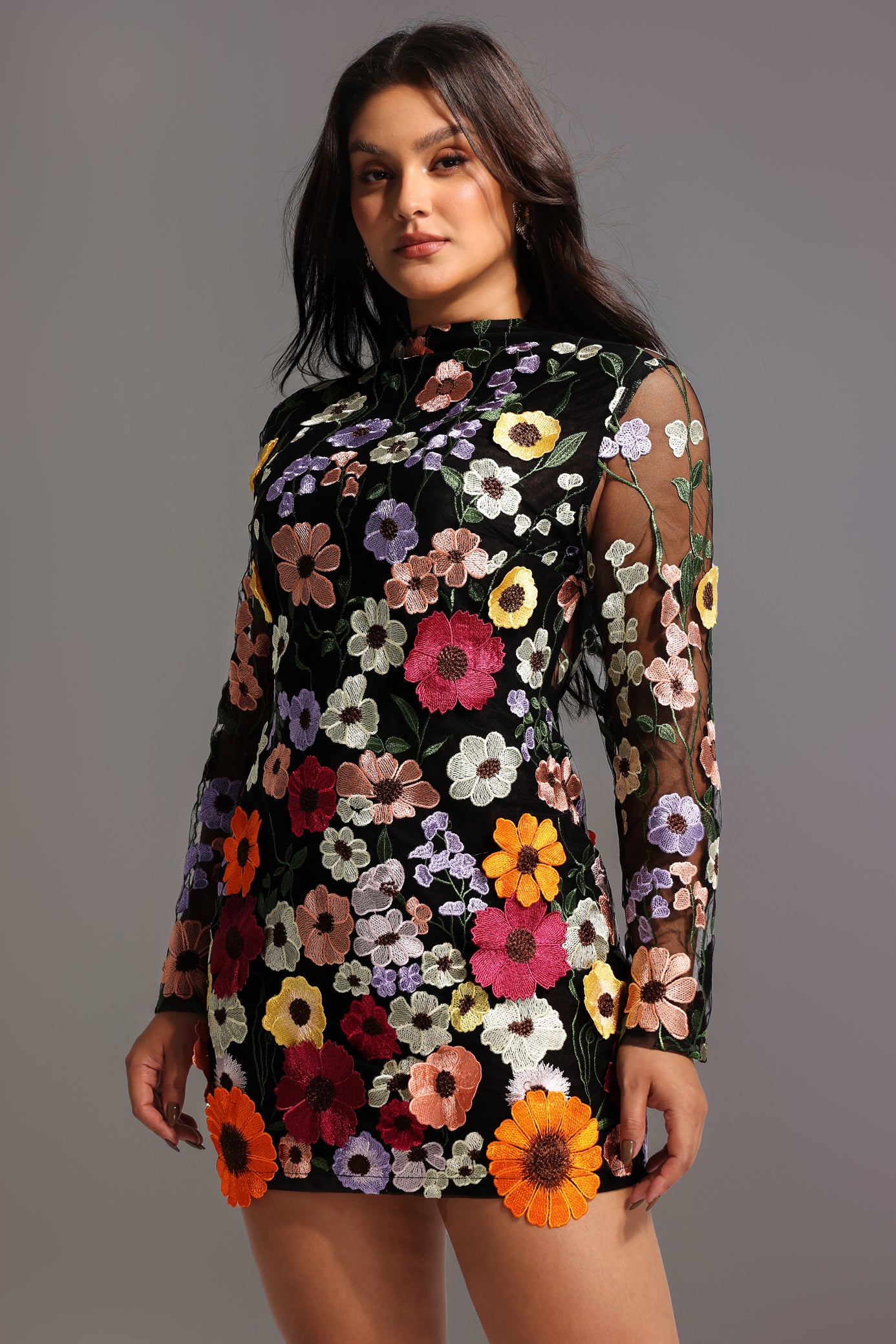Gricely Long Sleeve Flowers Backless Mini Dress