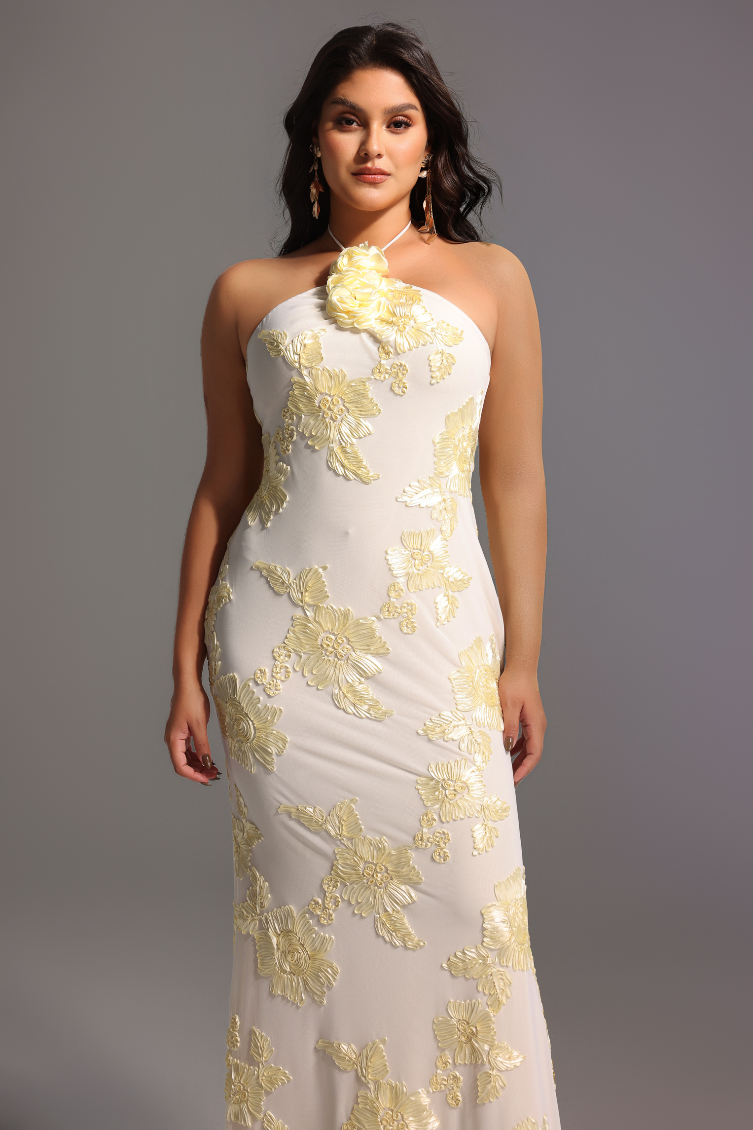 Griselda Flower Halter Embroidery Maxi Dress - White