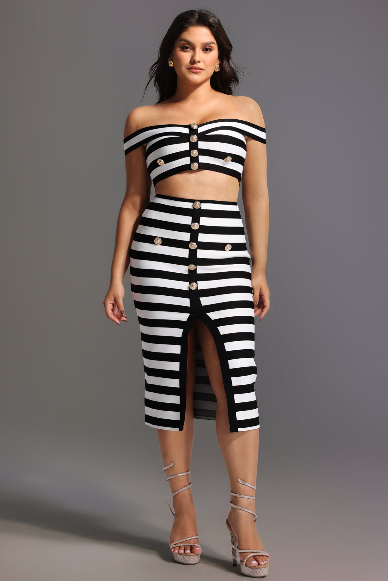 Martha Off-the-Shoulder Hollow Out Slit Bandage Midi Two-Piece Set