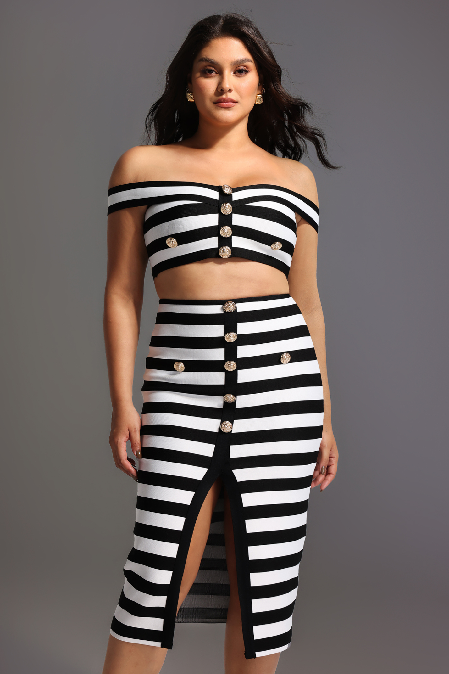 Martha Off-the-Shoulder Hollow Out Slit Bandage Midi Two-Piece Set